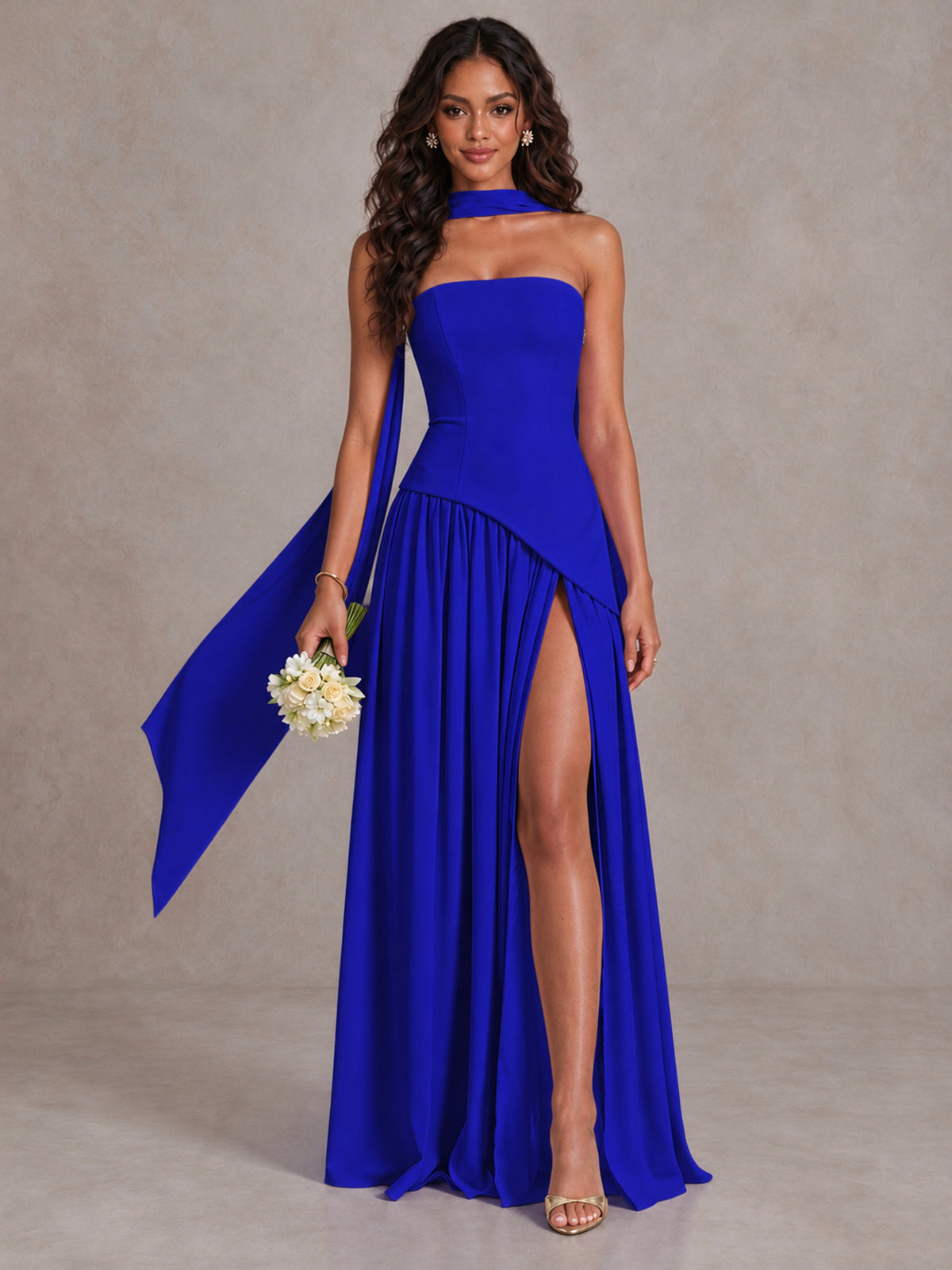 Royal Blue Strapless Bridesmaid Dress with Scarf & High Slit - Royal Blue - Royal Blue (1)