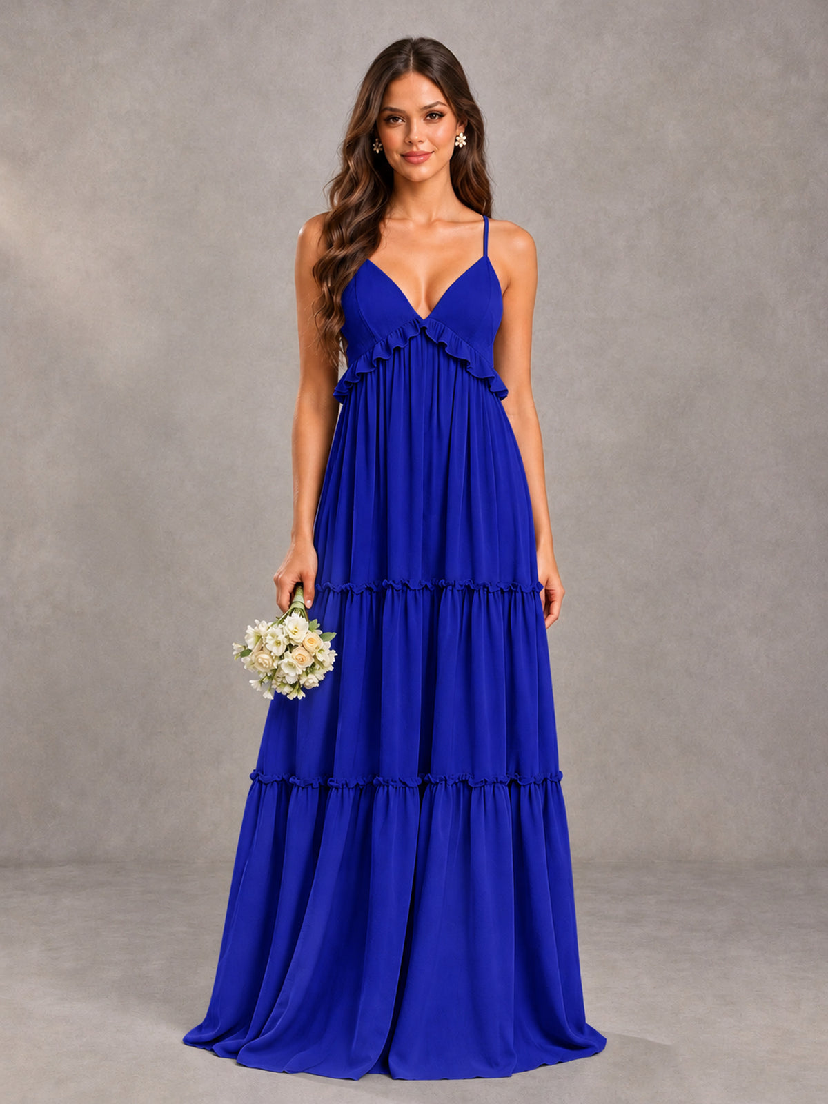 BOLODOO Royal Blue Tiered V-Neck Lace-Up Back Bridesmaid Dress - Royal Blue - Royal Blue (1)