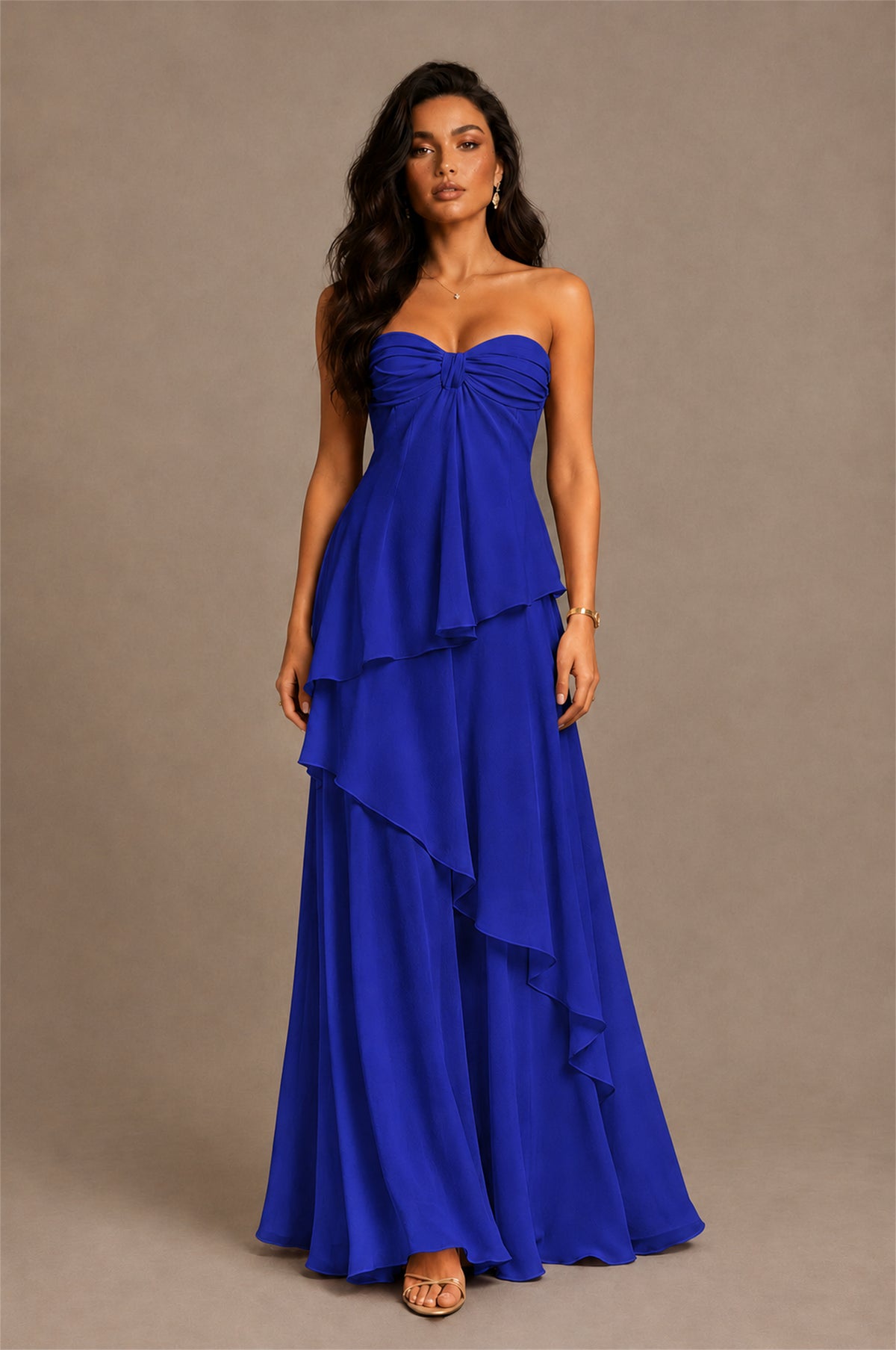 BOLODOO Royal Blue Strapless Sweetheart Knotted Chiffon Tiered Maxi Dress with Lace-Up Back - Royal Blue