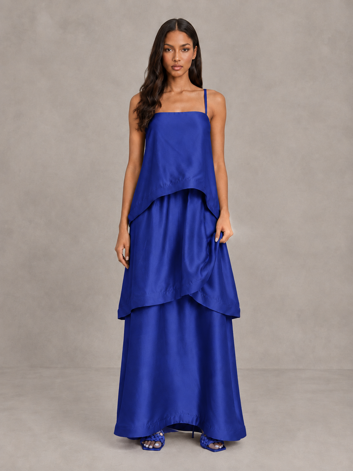 BOLODOO Royal Blue Satin Tiered Maxi Dress with Spaghetti Straps - Royal Blue