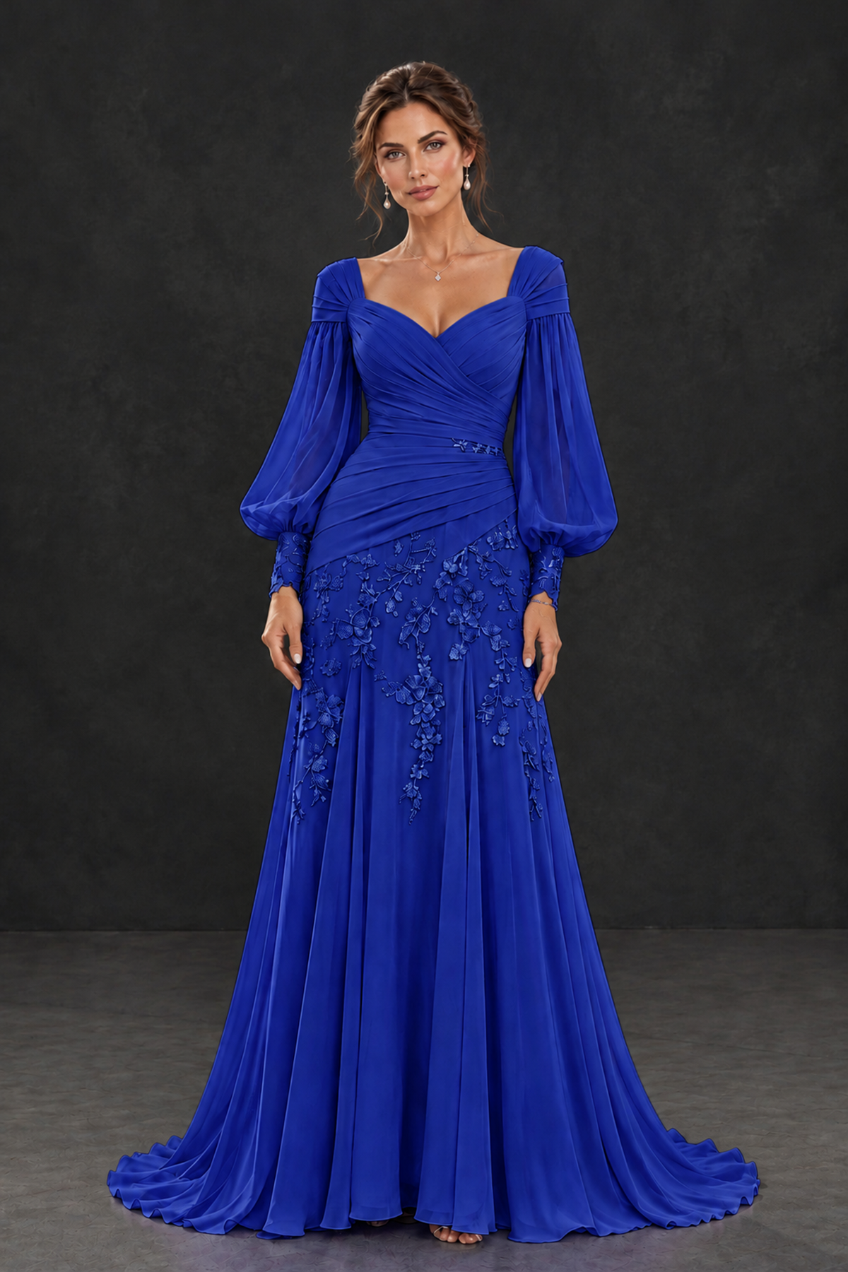 BOLODOO Royal Blue Long Sleeve Mother of the Bride Dress with Floral Appliqués - Royal Blue - Royal Blue (1)