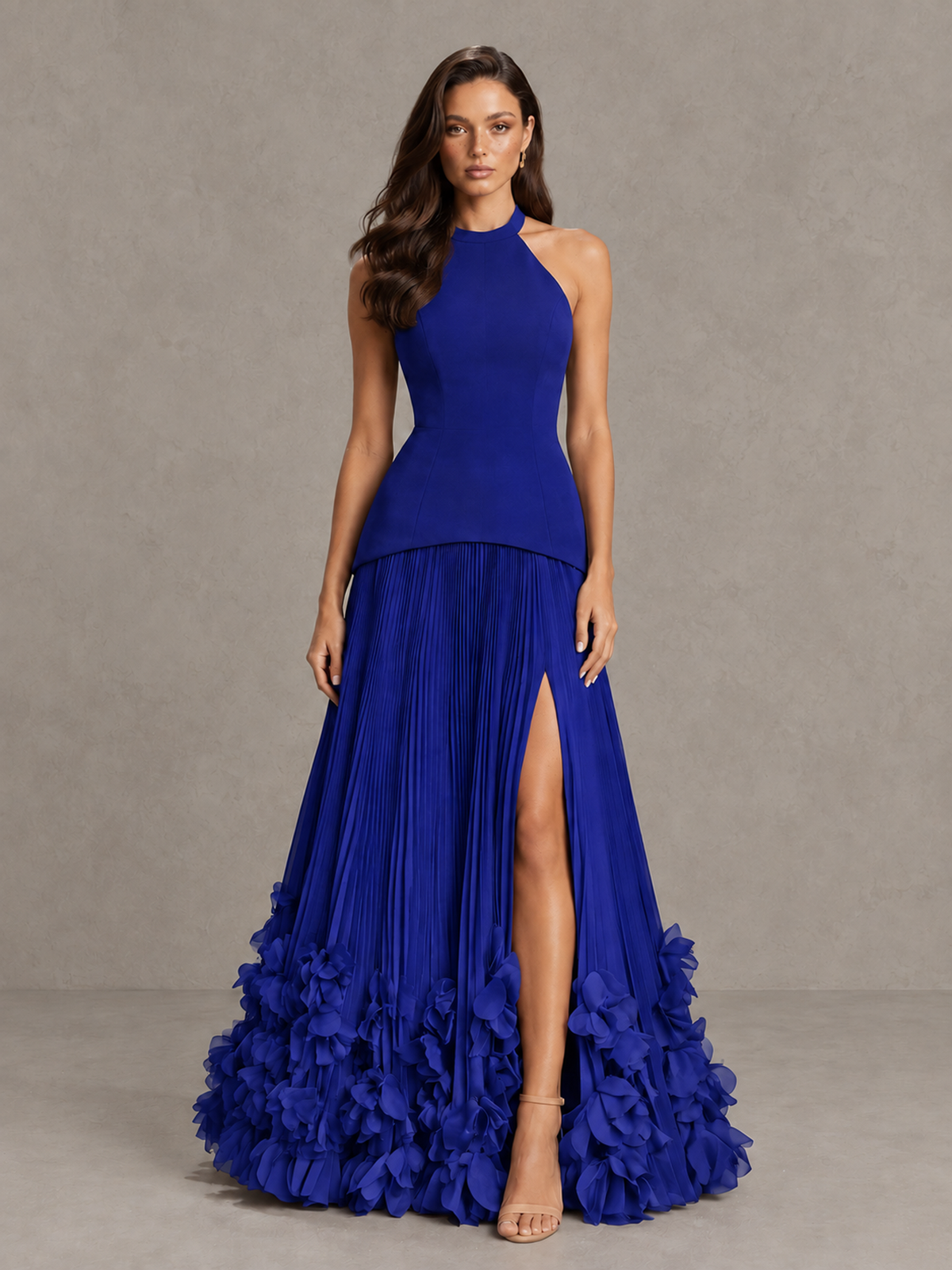 BOLODOO Royal Blue Halter Neck Floor-Length Evening Gown with High Slit & 3D Floral Hem - Royal Blue - Royal Blue (1)