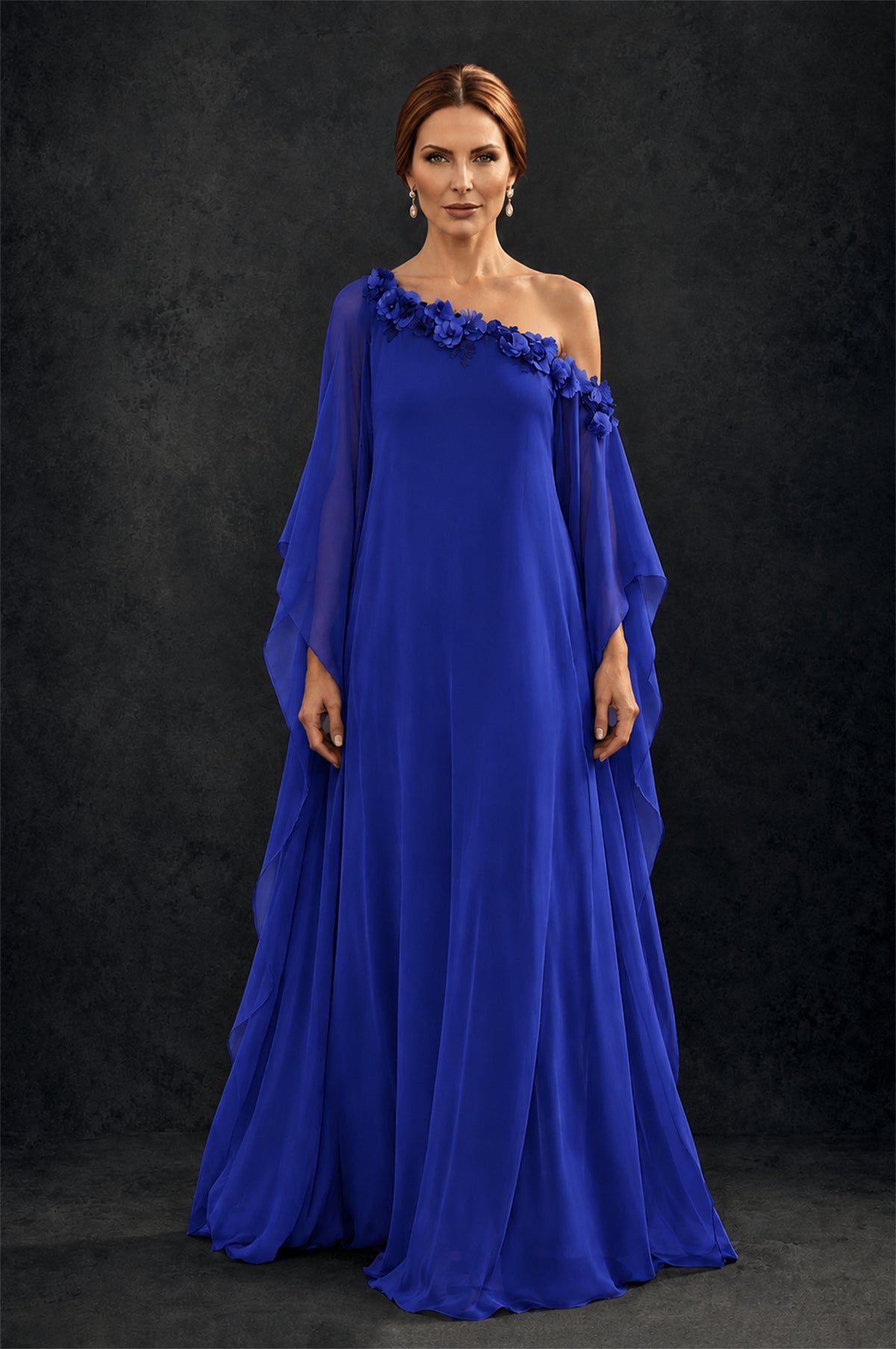 BOLODOO Royal Blue 2-Piece Set: Off-Shoulder 3D Floral Cape Gown & One-Shoulder Wide-Leg Jumpsuit | BD0373 - Royal Blue