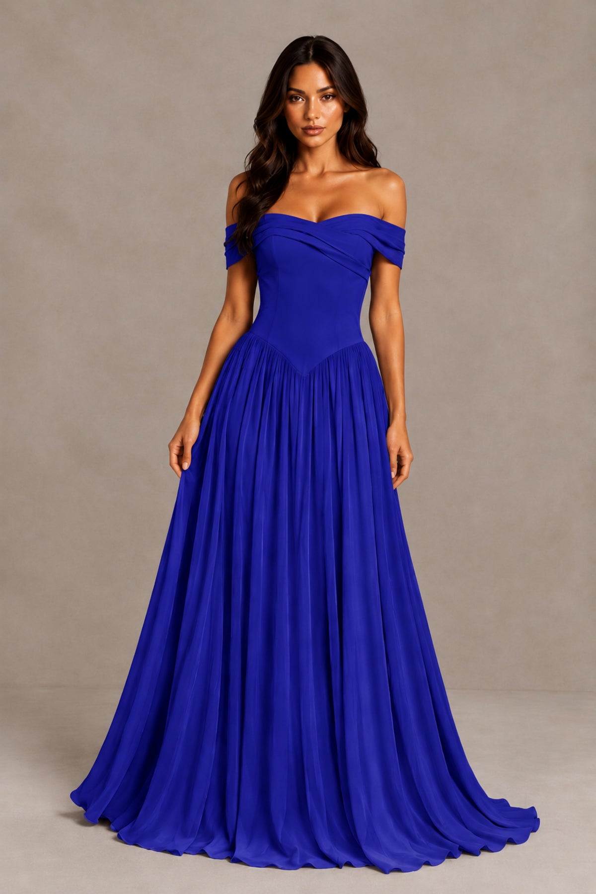 BOLODOO Royal Blue Off-Shoulder Sweetheart Corset Pleated Chiffon Maxi Dress - Royal Blue - Royal Blue (1)