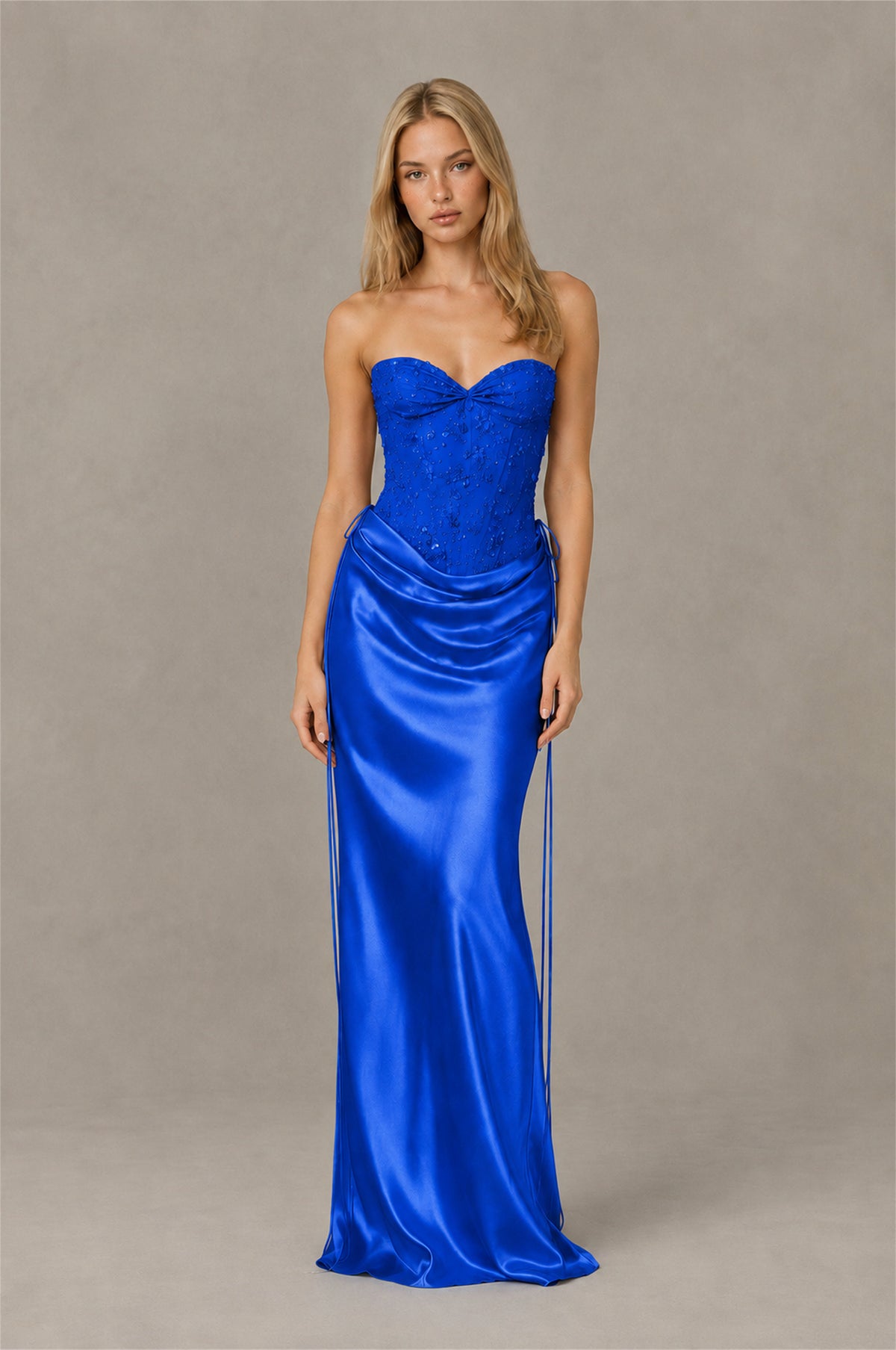 BOLODOO Royal Blue Strapless Embellished Corset Satin-Look Maxi Dress - Royal Blue