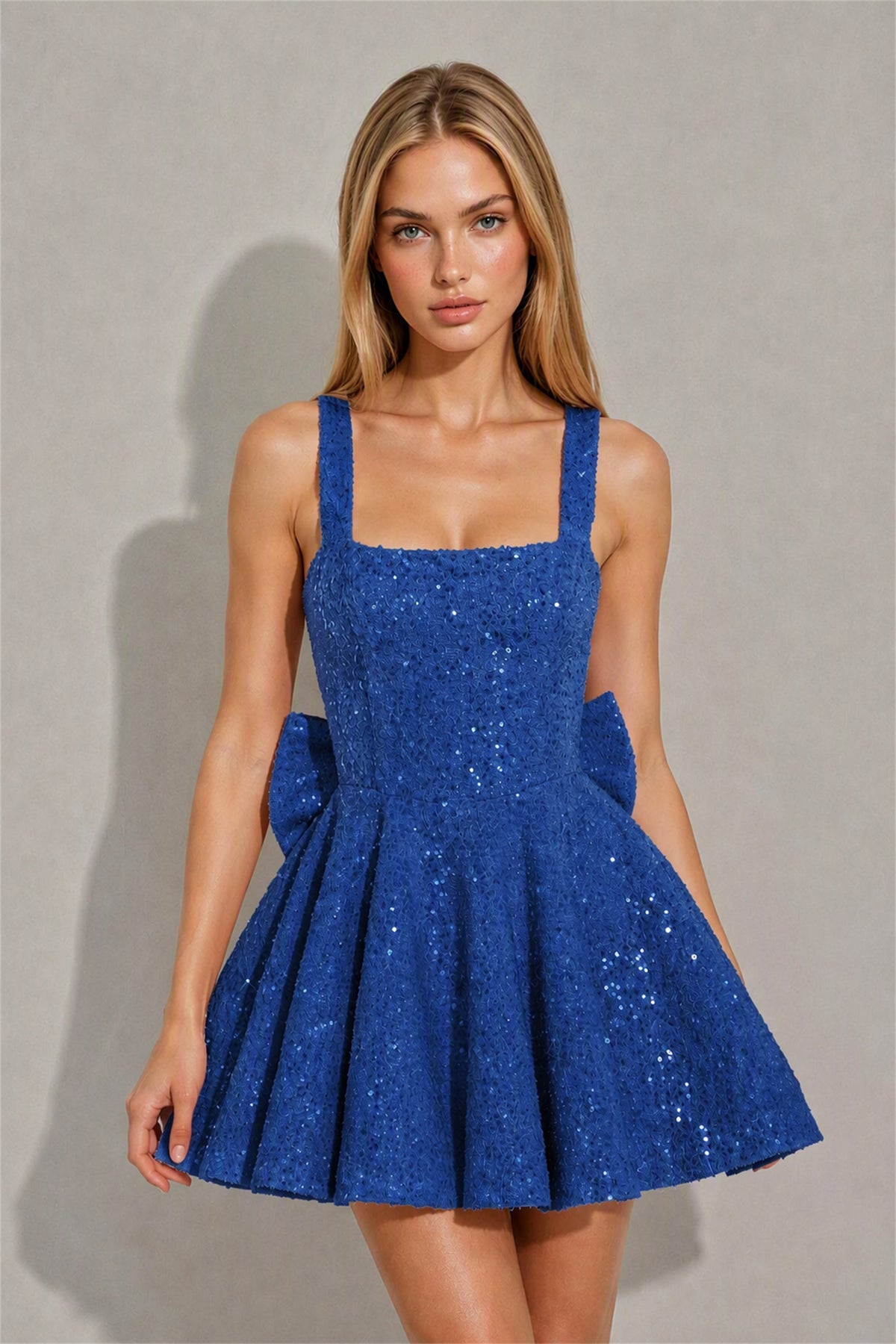 BOLODOO Royal Blue Sequin Square Neck Wide Strap Bow Waist Open Back Fit and Flare Mini Dress | Prom Birthday Party Dress - Royal Blue