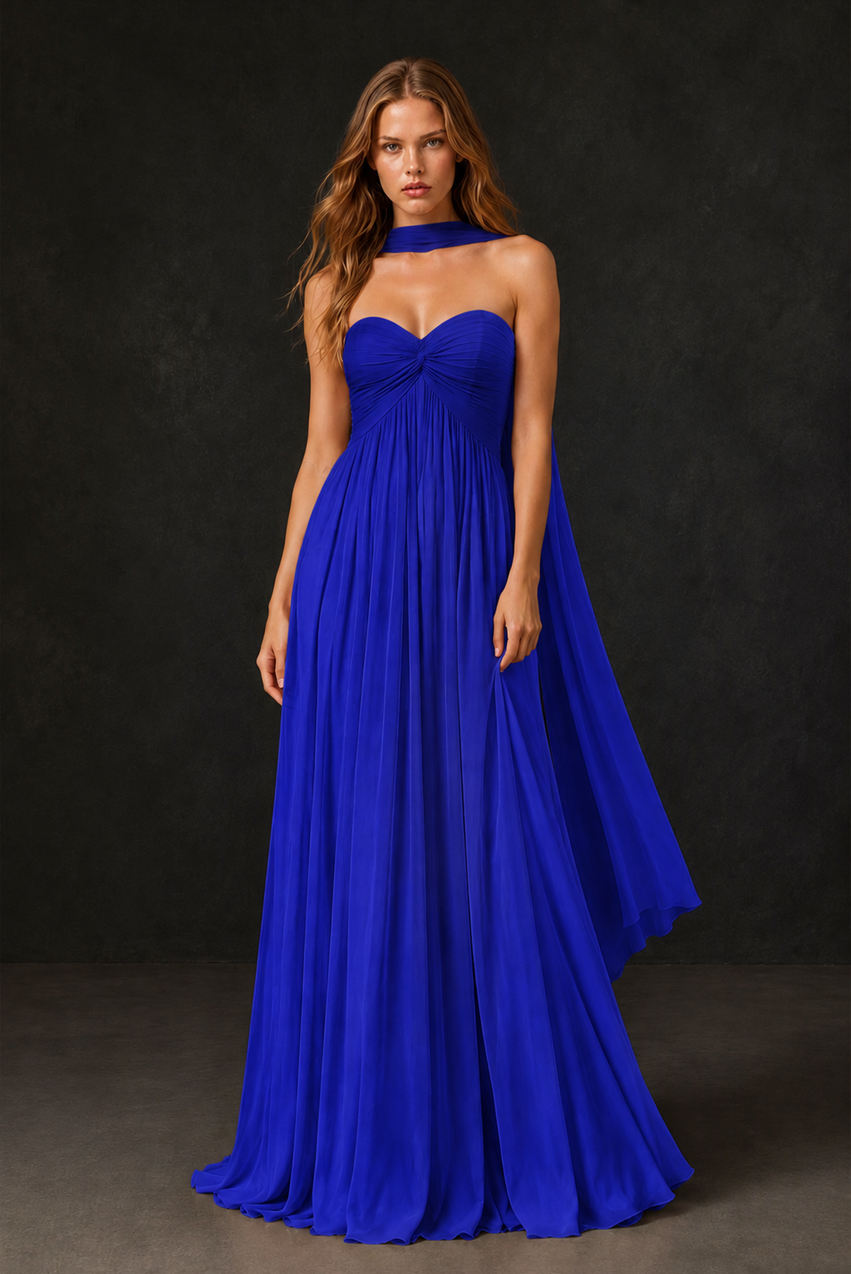 BOLODOO Royal Blue Sweetheart Strapless Twist Knot Detached Halter Scarf Lace-Up Back Empire Waist Chiffon Maxi Dress - Royal Blue