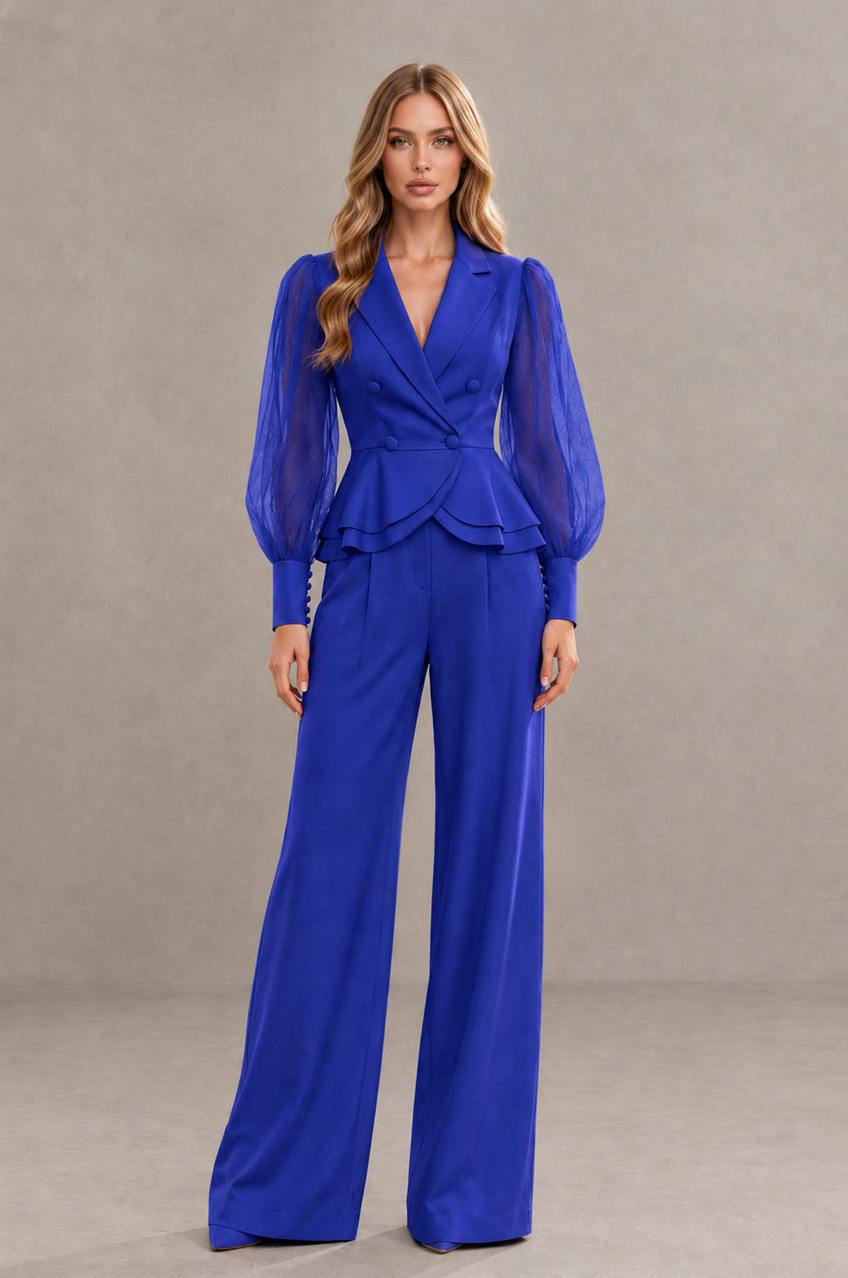 BOLODOO Mint Royal Blue Peplum Blazer Wide-Leg Pantsuit with Sheer Puff Sleeves - Royal Blue