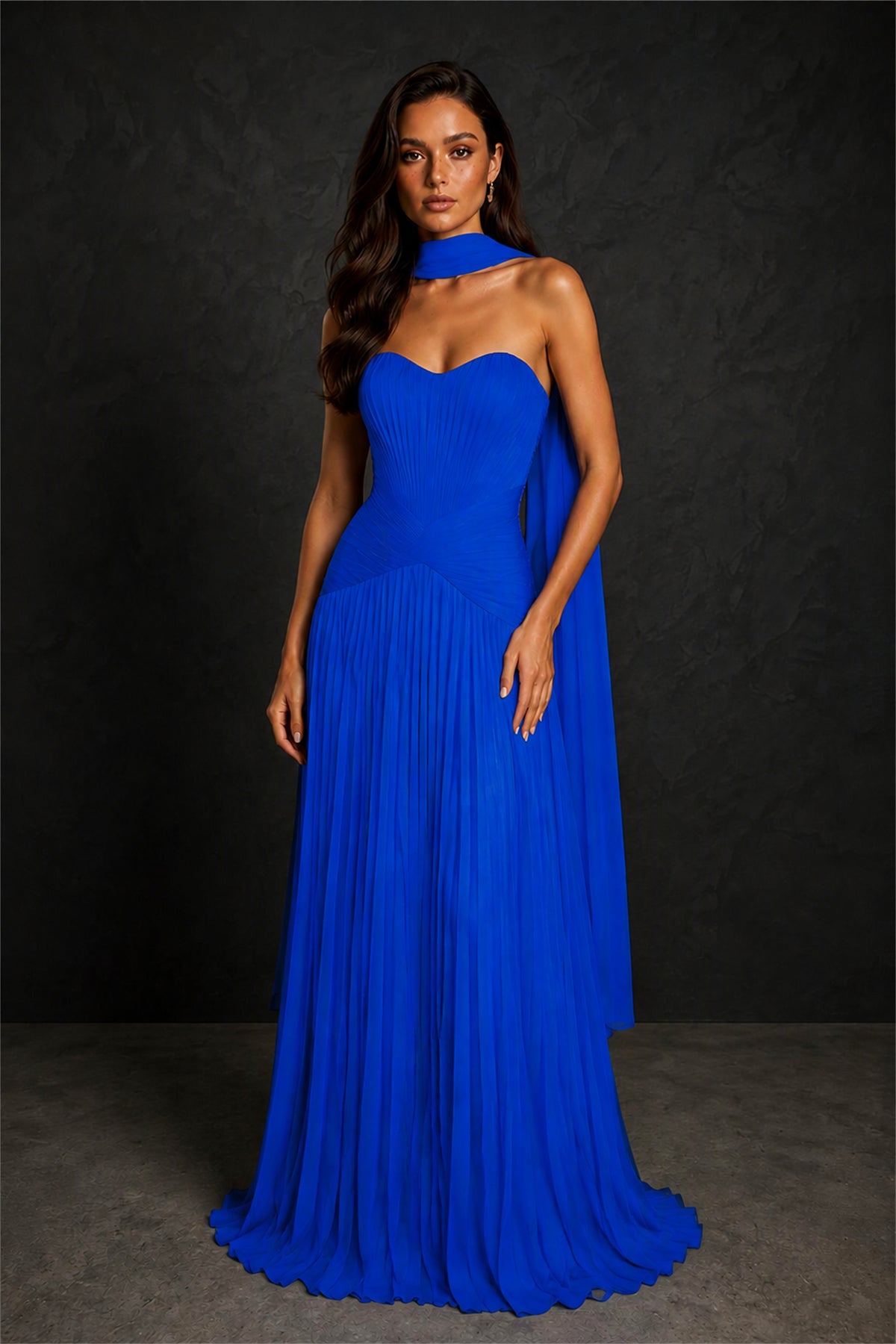 BOLODOO Royal Blue Sweetheart Strapless Neck Scarf Pleated Backless A-Line Chiffon Maxi Dress - Royal Blue - Royal Blue