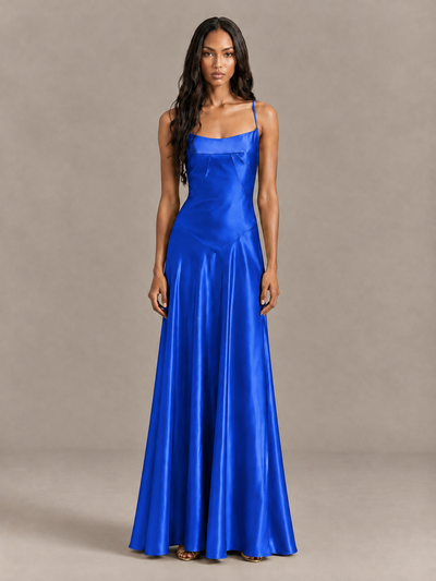 BOLODOO Royal Blue Satin Lace-Up Back Maxi Dress - Royal Blue