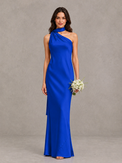 BOLODOO Royal Blue Satin One-Shoulder Bridesmaid Dress with Open Back - Royal Blue - Royal Blue (1)