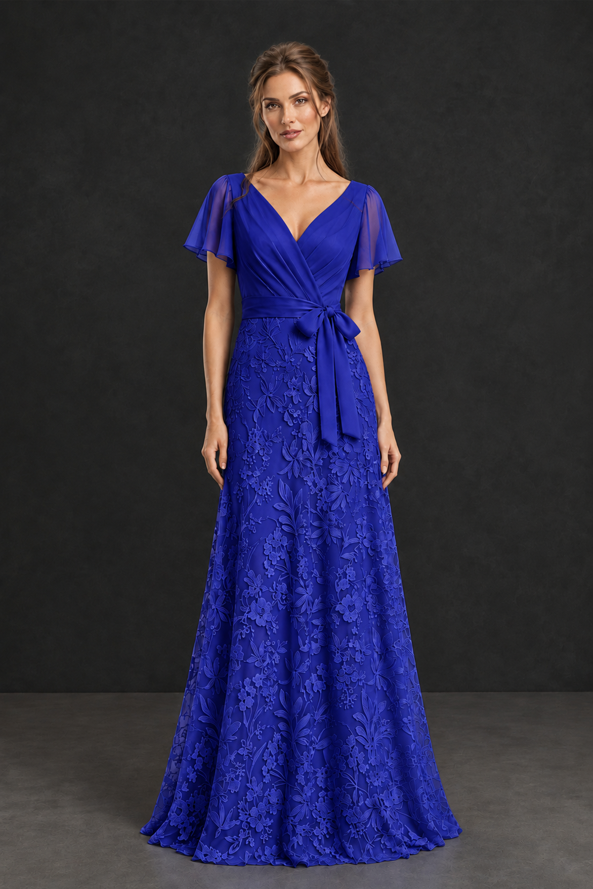 BOLODOO Royal Blue Flutter Sleeve Lace Mother of the Bride Dress - Royal Blue