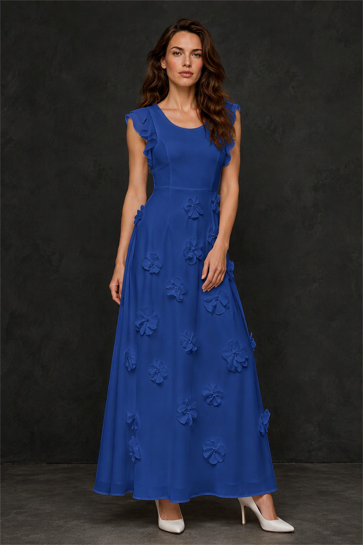 BOLODOO Royal Blue Scoop Neck Flutter Sleeve 3D Floral Appliqué A-Line Chiffon Maxi Dress - Royal Blue