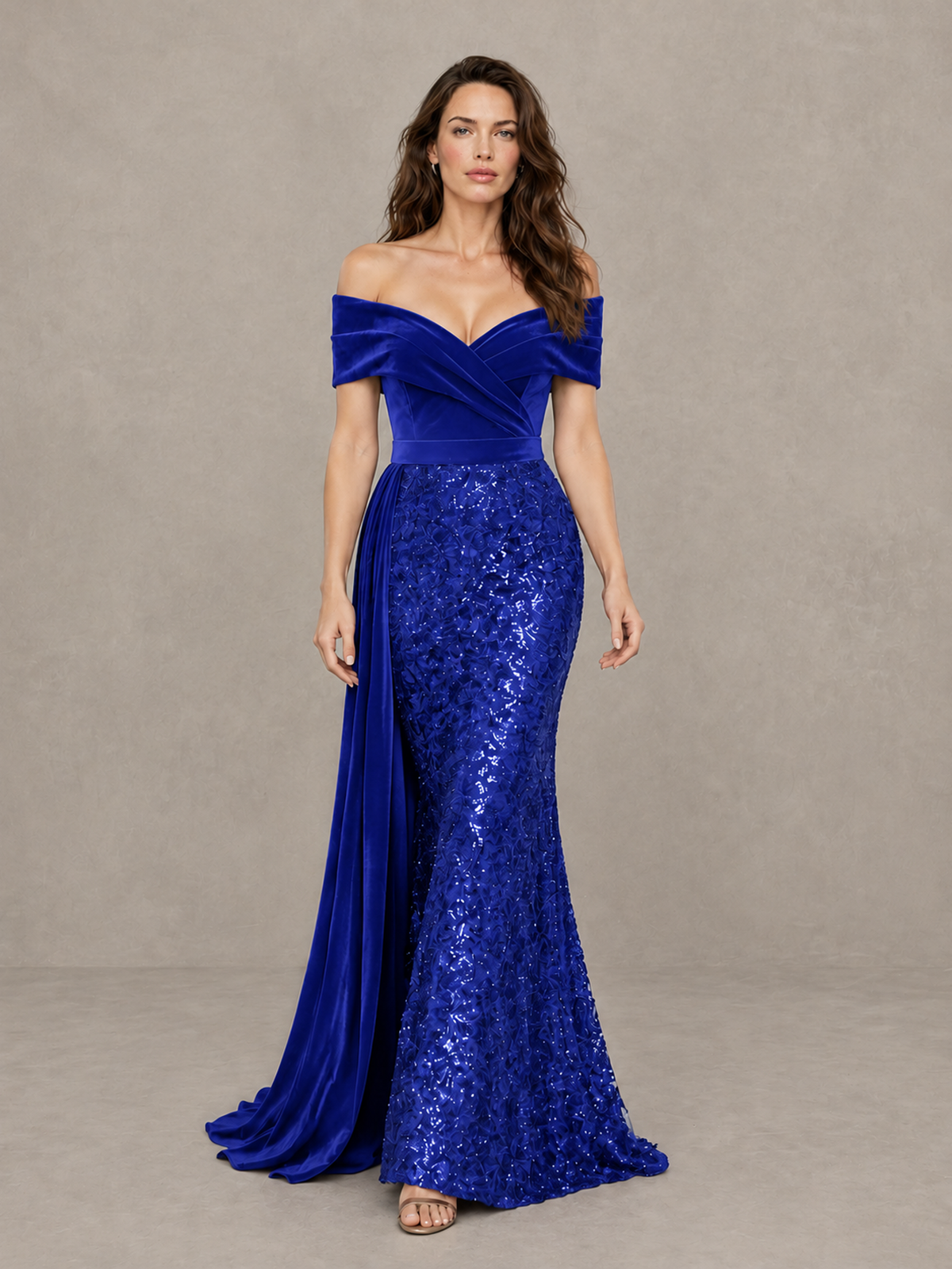 BOLODOO Royal Blue Off-Shoulder Velvet & Sequin Evening Gown with Side Train - Royal Blue - Royal Blue (1)