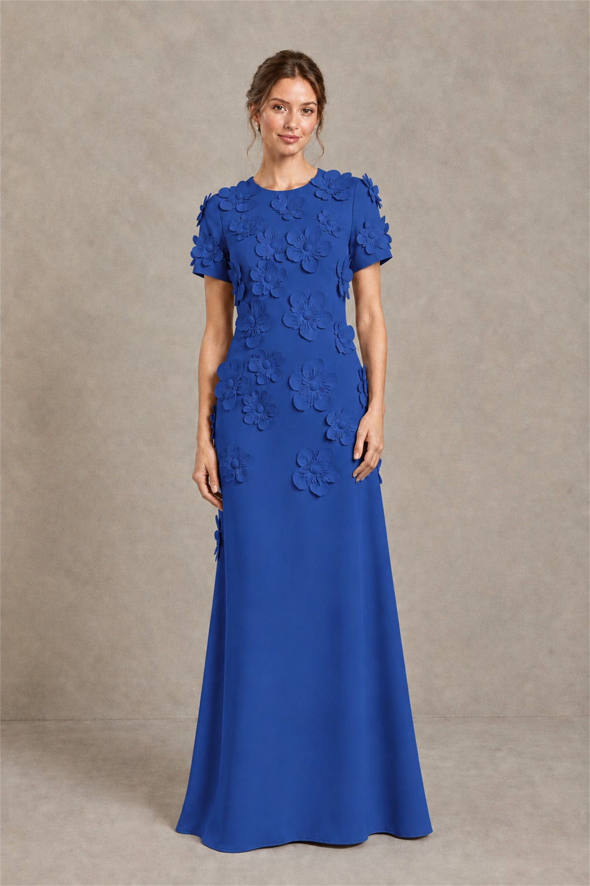 BOLODOO Royal Blue Textured Floral Maxi Dress with Short Sleeves - Royal Blue