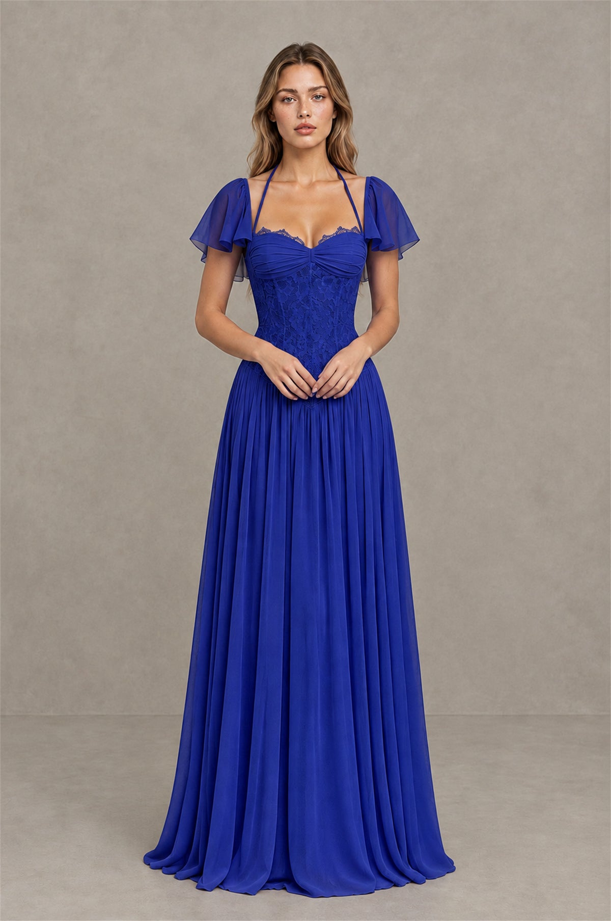 BOLODOO Royal Blue Flutter Sleeve Lace Corset A-Line Maxi Dress - Royal Blue - Royal Blue (1)