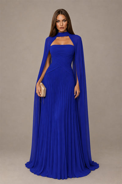 BOLODOO Royal Blue Strapless Crossover Ruched Bodice Detached Turtleneck Cape Lace-Up Back Pleated Chiffon Maxi Dress - Royal Blue