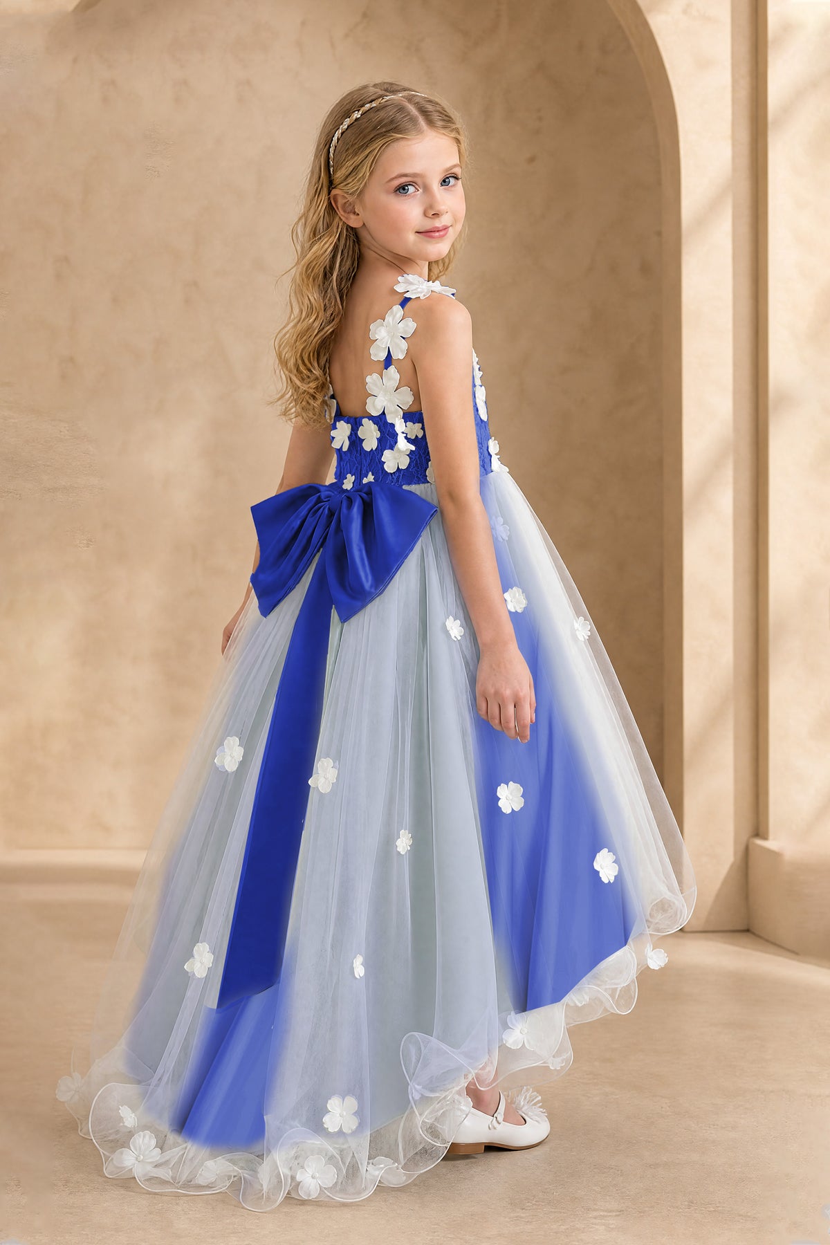 BOLODOO Royal Blue Flower Girl Dress with Floral Appliqué and High-Low Tulle Skirt - Royal Blue