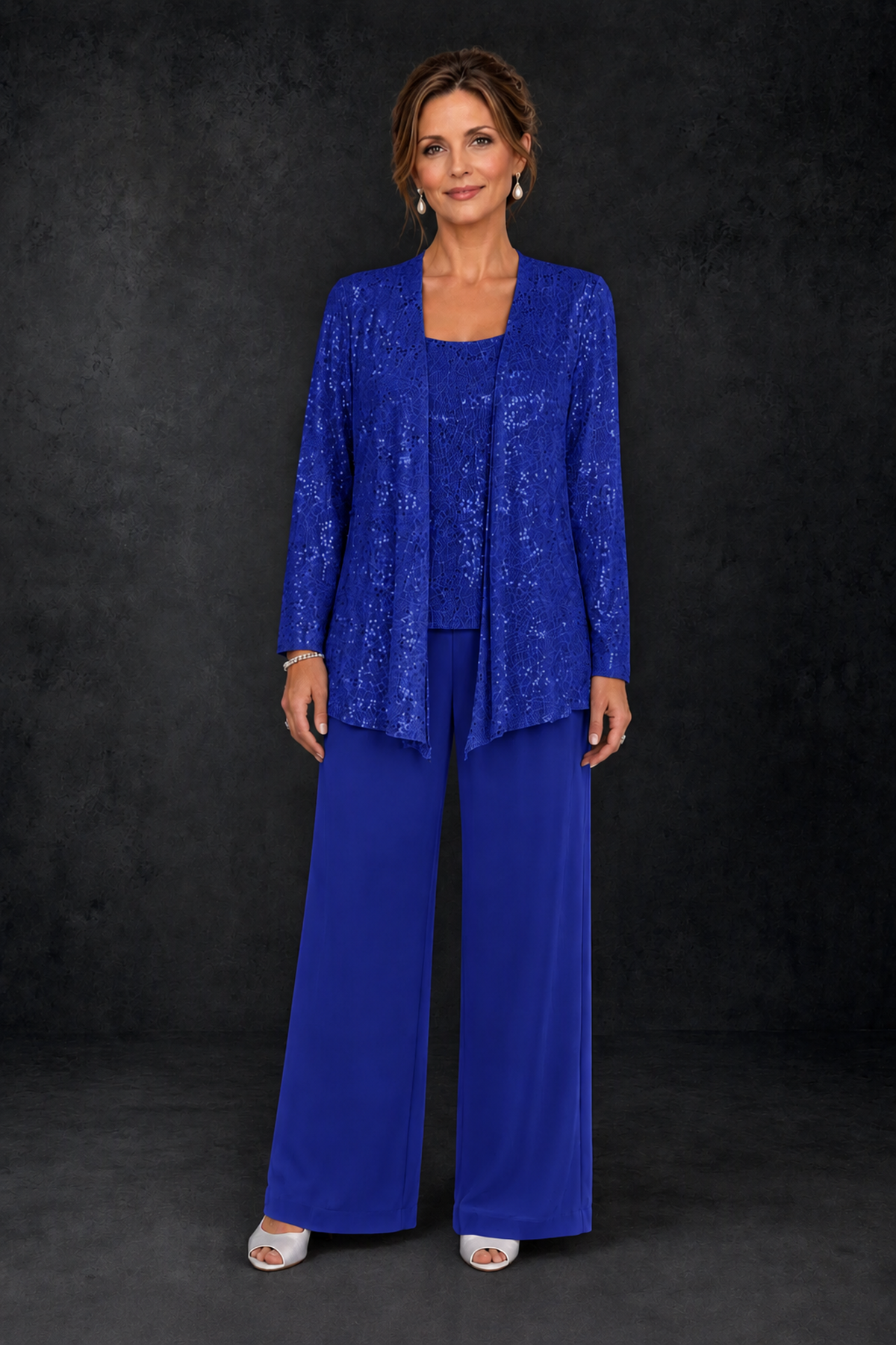 BOLODOO Royal Blue Sequin Lace 3-Piece Pant Suit with Long Sleeve Jacket - Royal Blue - Royal Blue (1)