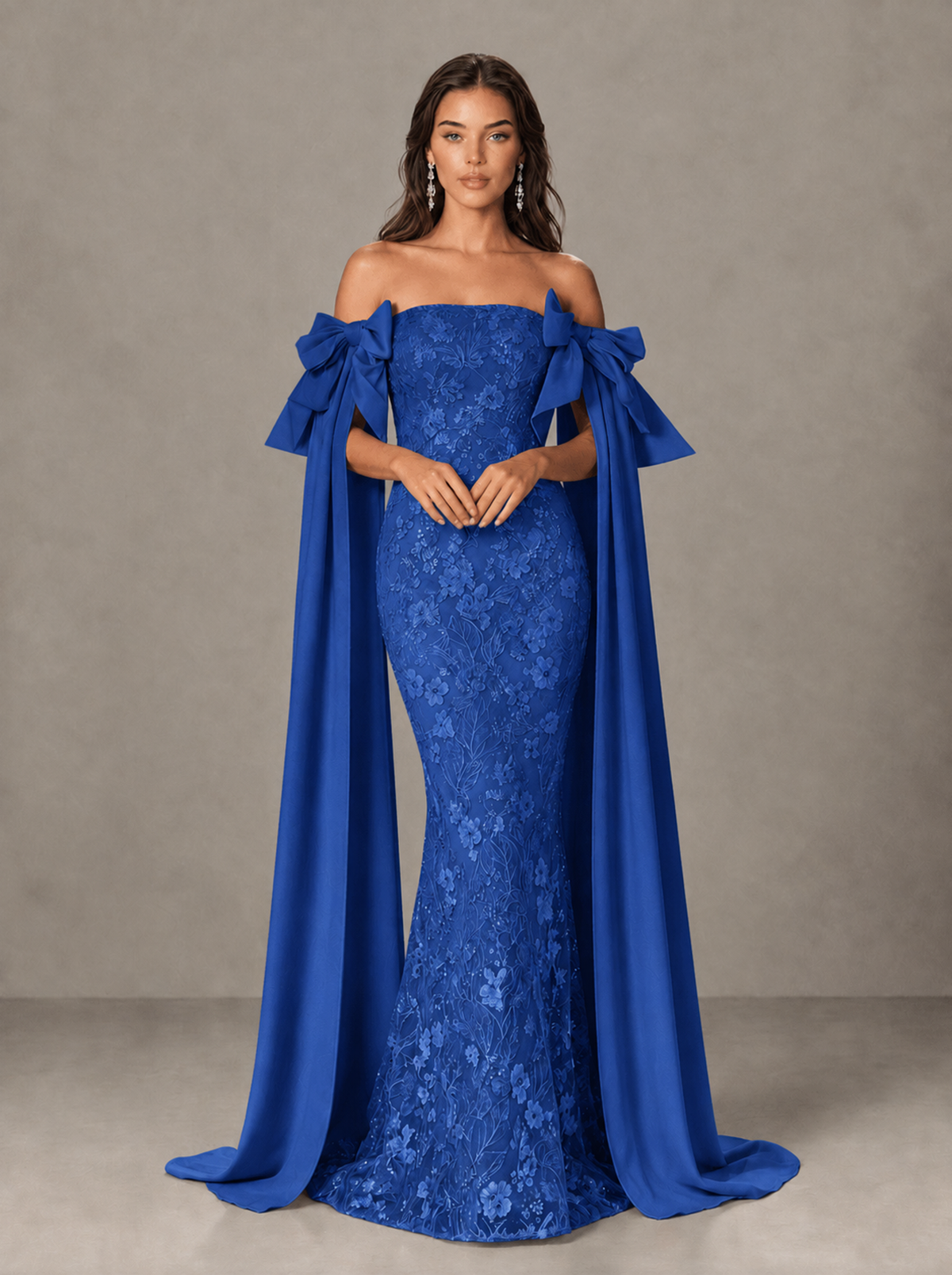 BOLODOO Royal Blue Floral Lace Mermaid Prom Dress with Off-Shoulder Bows - Royal Blue - Royal Blue (1)