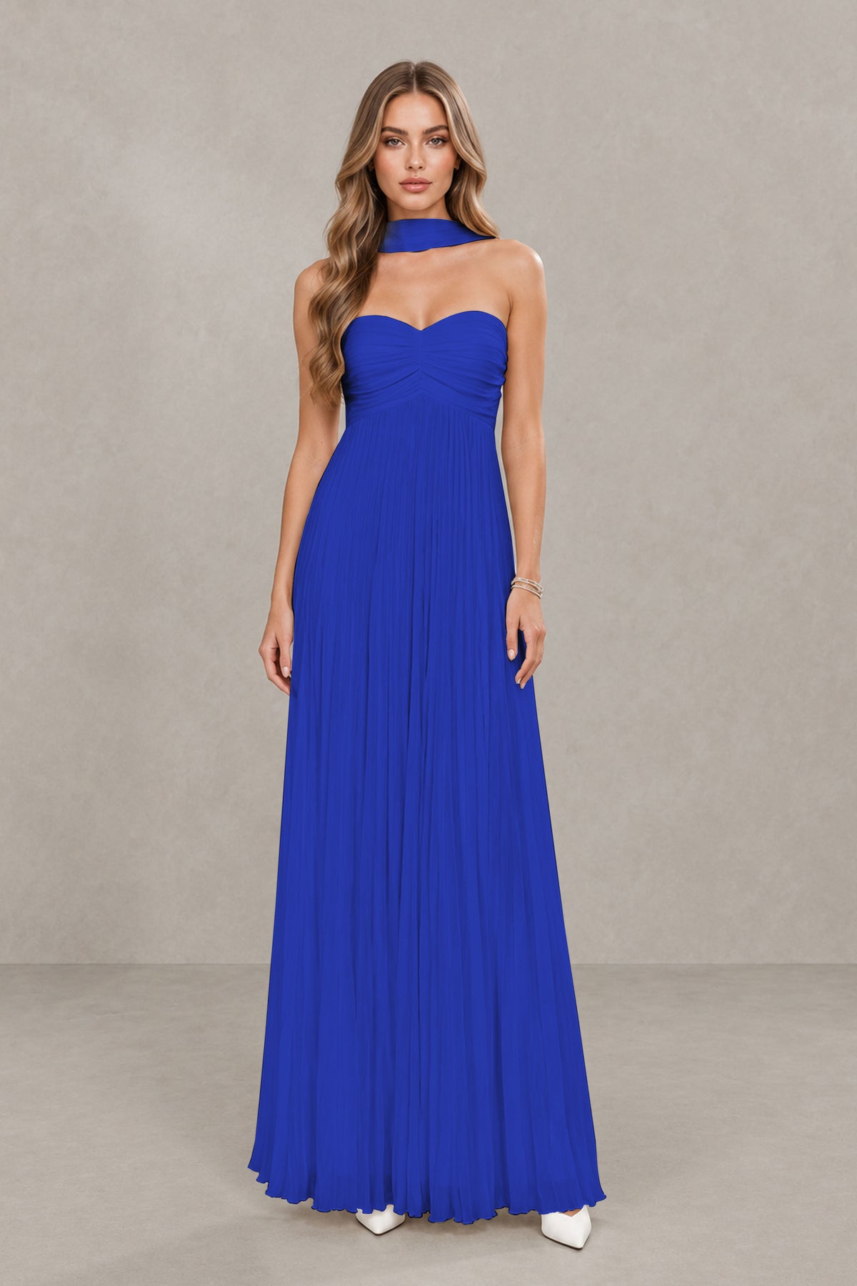 BOLODOO Royal Blue Strapless Chiffon-Look Maxi Dress with Lace-Up Back & Cape - Royal Blue