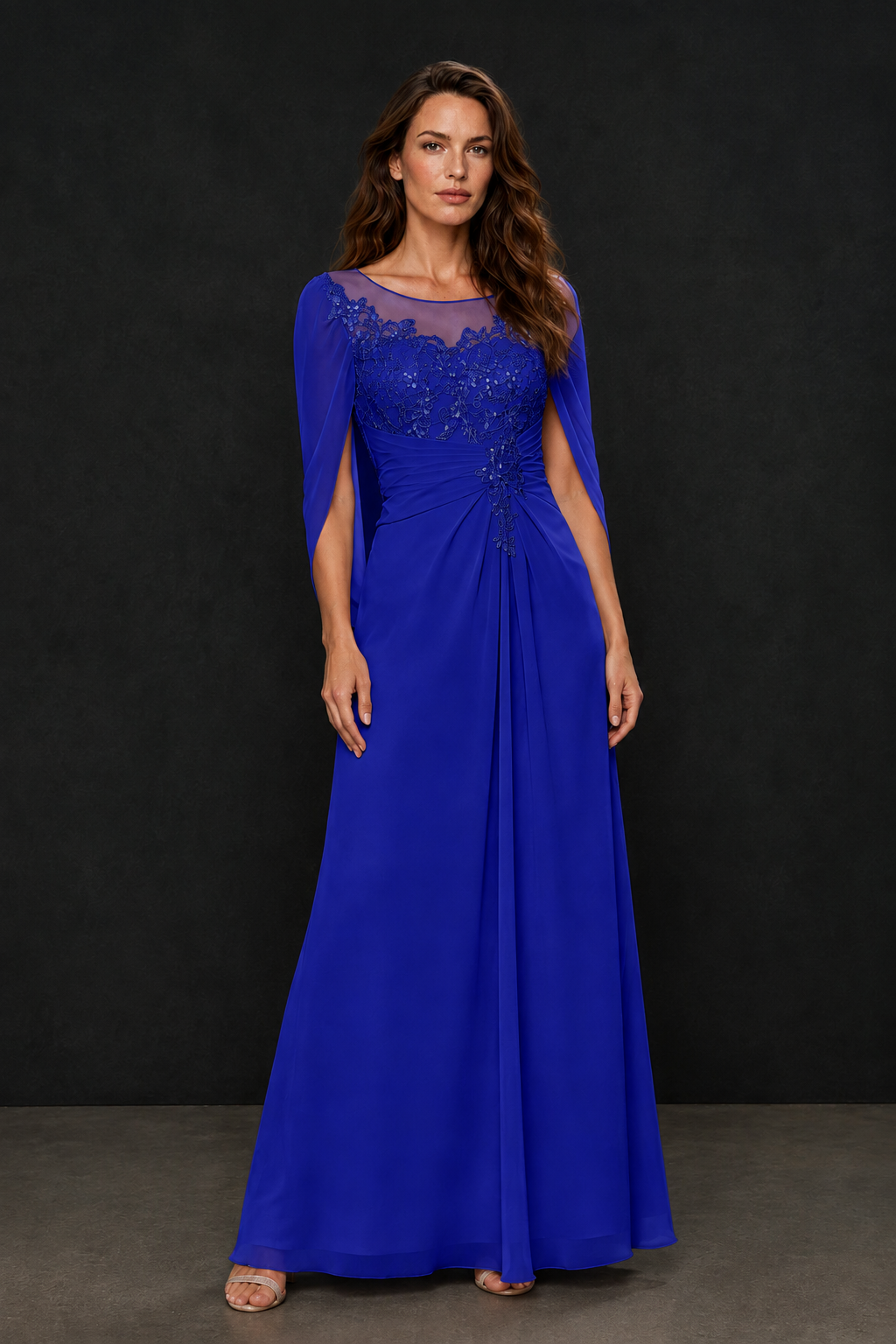 BOLODOO Royal Blue Illusion Lace One-Side Cape Sleeve Beaded Chiffon Floor Length Gown | Mother of the Bride Evening Dress - Royal Blue