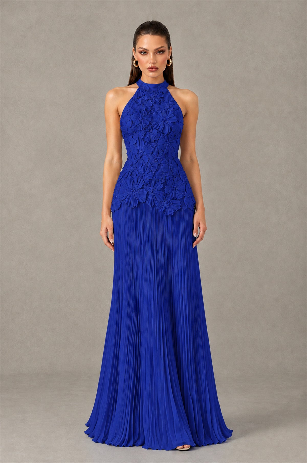BOLODOO Royal Blue 3D Floral Applique Halter Neck Open Back Pleated Maxi Dress - Royal Blue