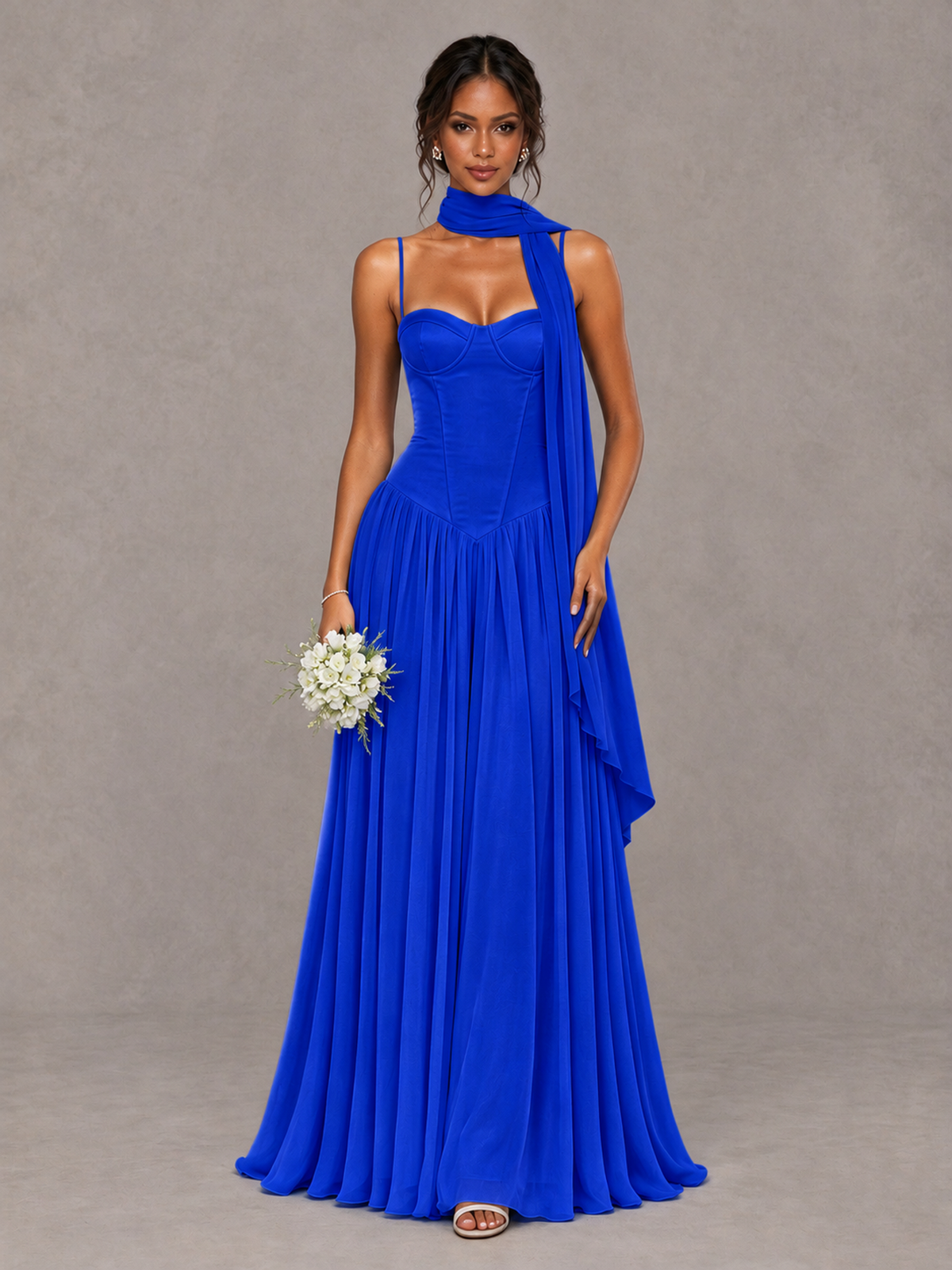 BOLODOO Royal Blue Corset Bridesmaid Dress with Scarf - Royal Blue - Royal Blue (1)