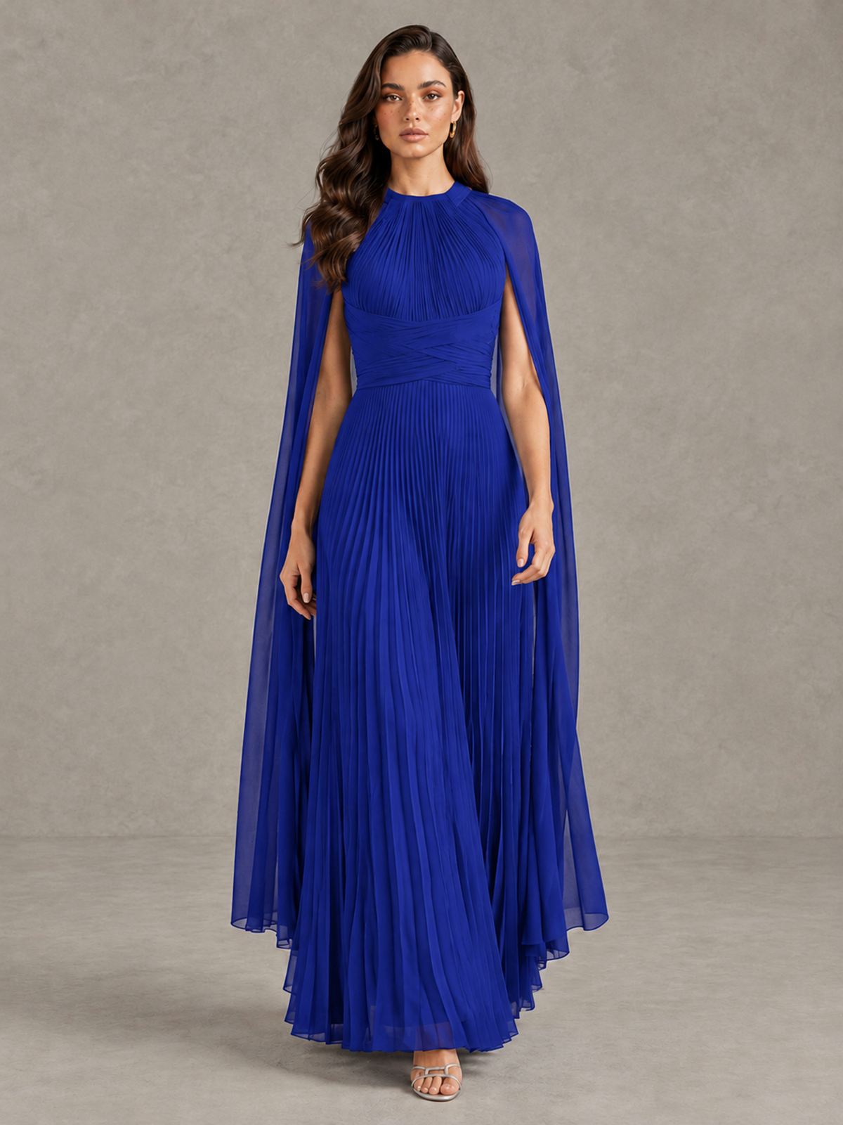 BOLODOO Royal Blue Pleated Cape Maxi Wedding Guest Dress - Royal Blue - Royal Blue (1)