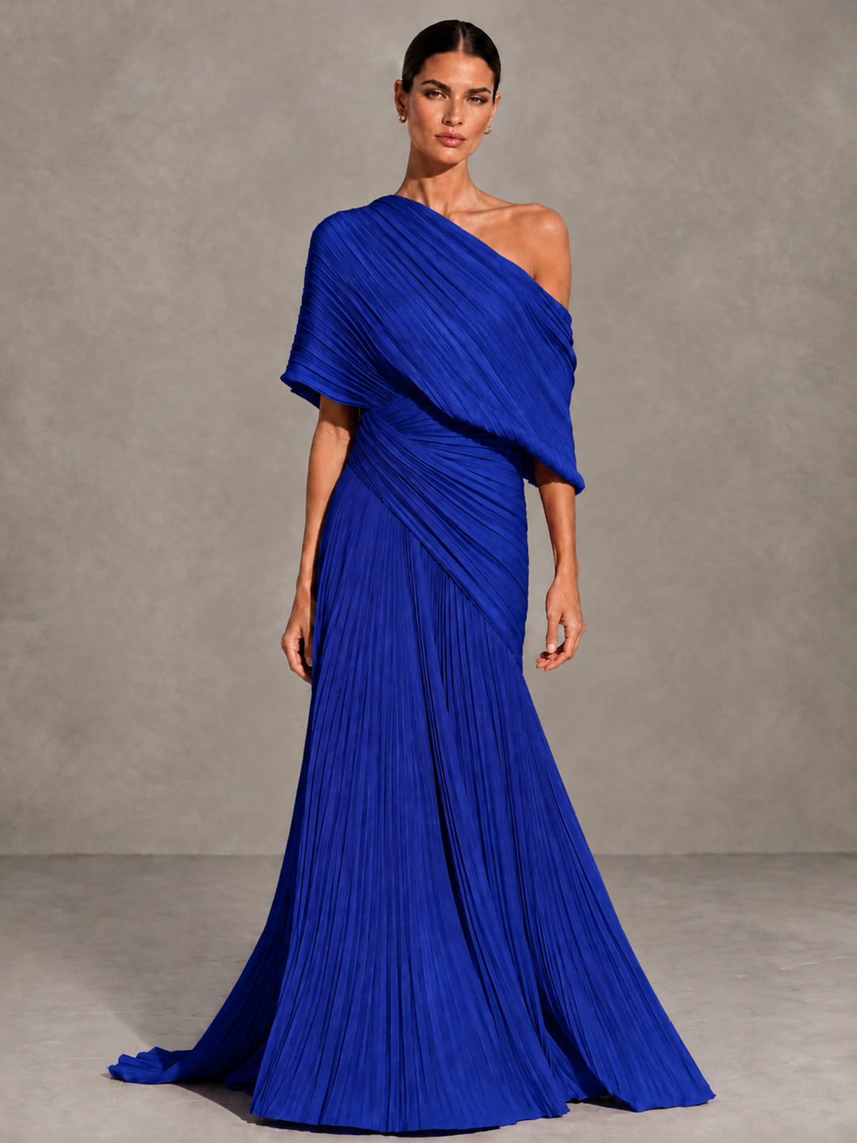 BOLODOO Royal Blue One-Shoulder Pleated Cape Evening Gown with Train - Royal Blue - Royal Blue (1)