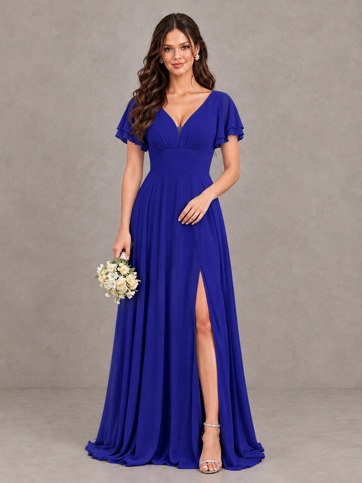 BOLODOO Royal Blue Flutter Sleeve Chiffon A-Line Maxi Bridesmaid Dress with Open Back & Slit - Royal Blue - Royal Blue (1)