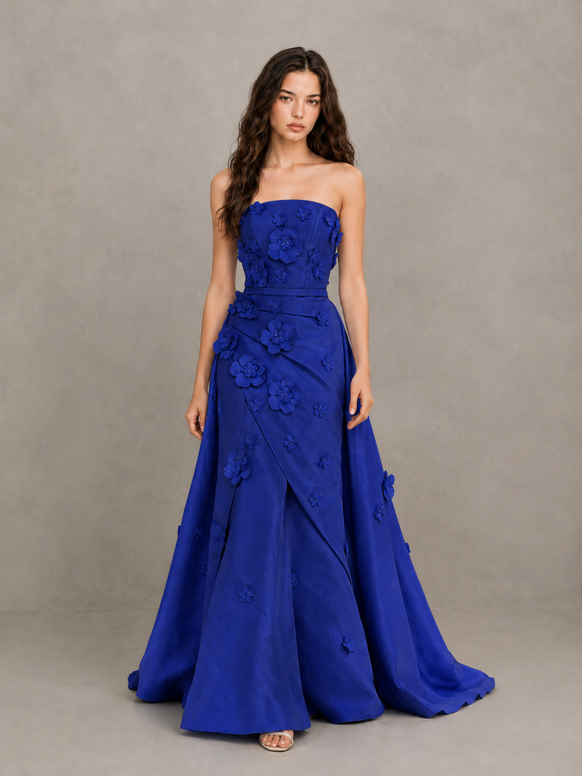 BOLODOO Royal Blue Strapless 3D Floral Applique Prom Gown with Draped Skirt - Royal Blue - Royal Blue (1)