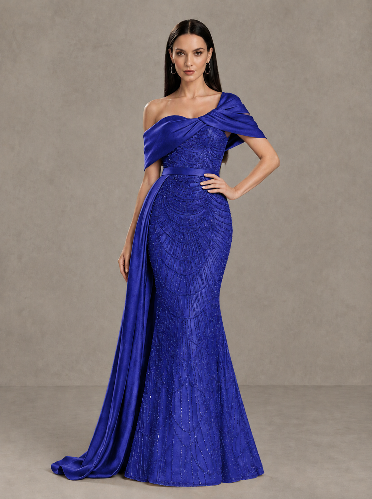 BOLODOO Royal Blue Asymmetric Draped Mermaid Evening Gown with Train - Royal Blue - Royal Blue (1)
