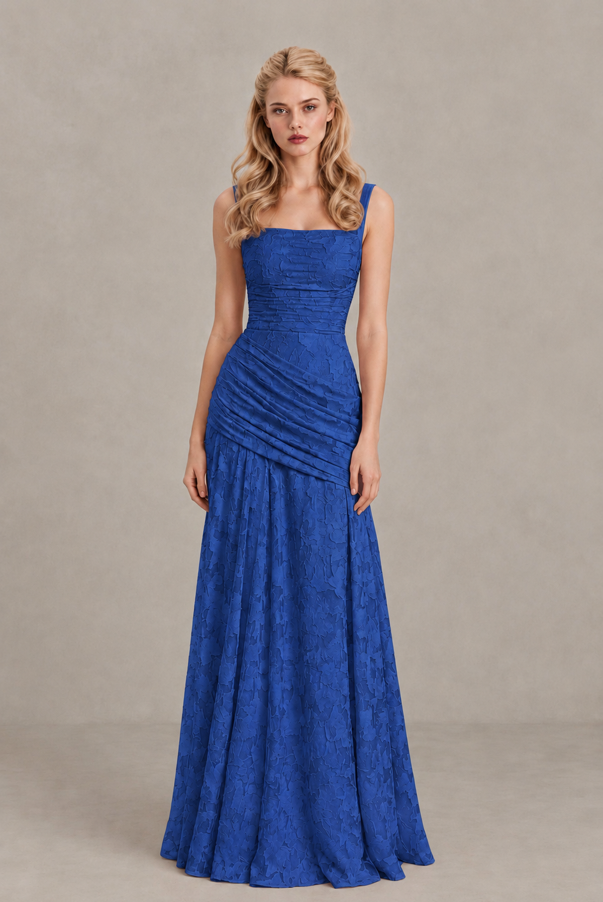BOLODOO Royal Blue Ruched Floral Maxi Dress with Lace-Up Back - Royal Blue
