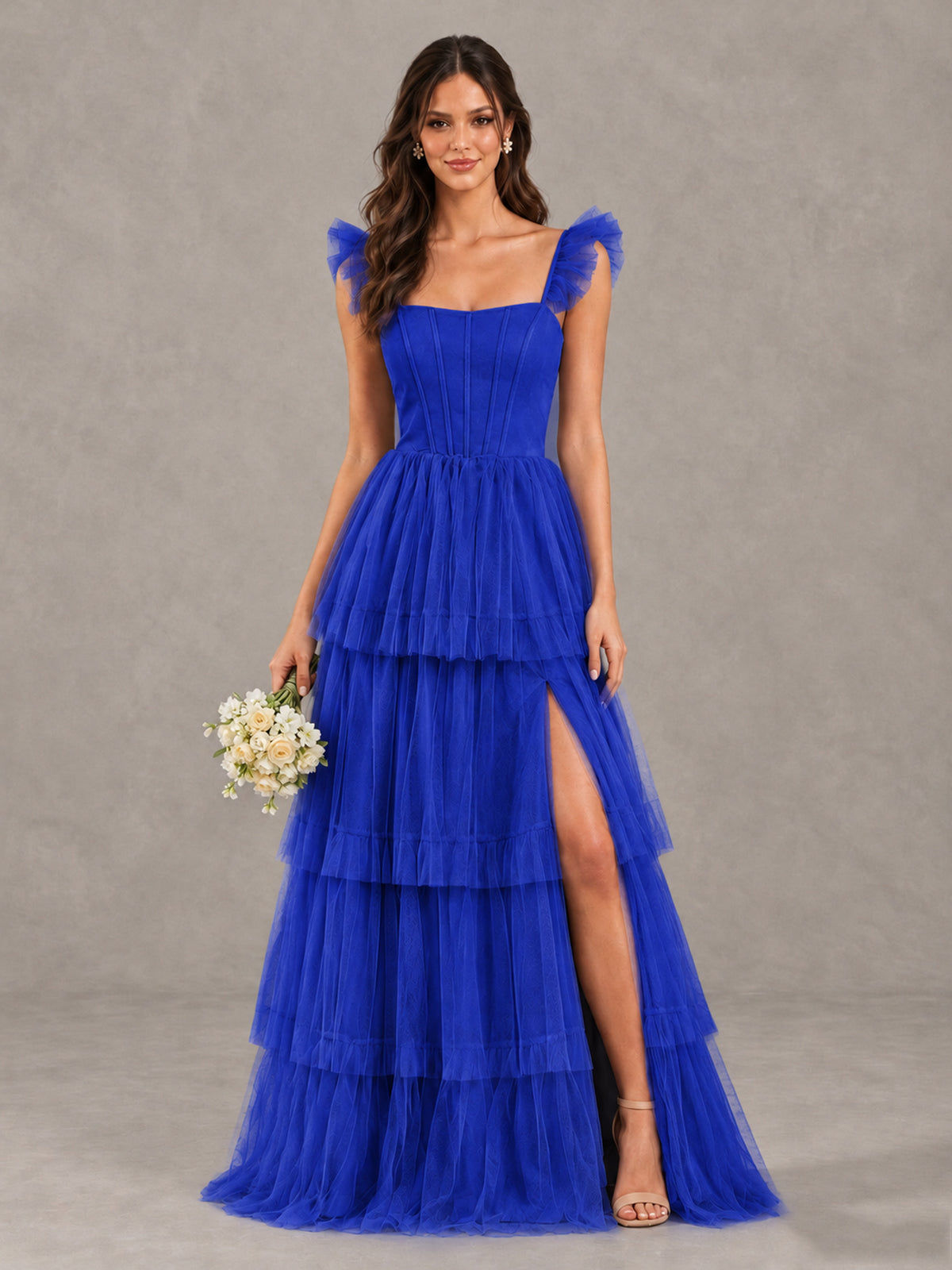 BOLODOO Royal Blue Tiered Tulle Bridesmaid Dress with Slit - Royal Blue - Royal Blue (1)