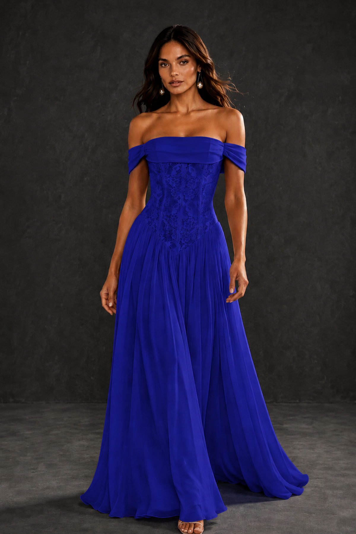 BOLODOO Royal Blue Off-Shoulder Lace Corset Tulle Maxi Dress - Royal Blue