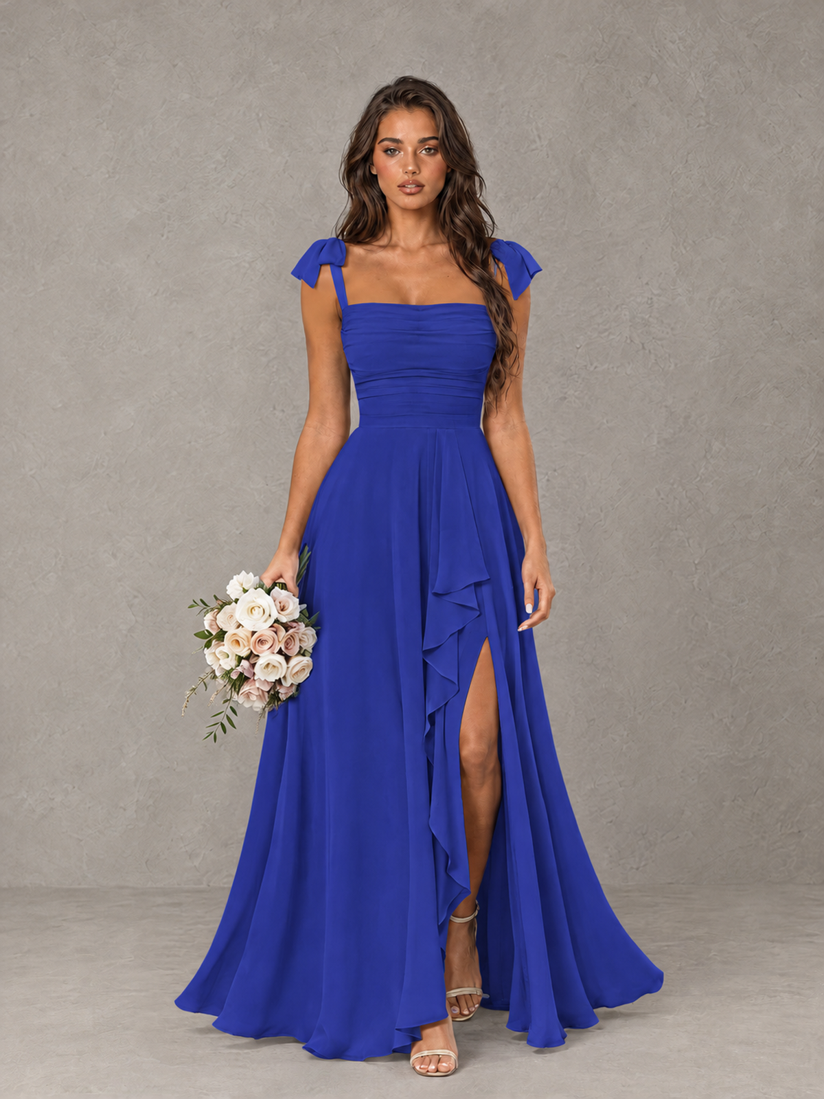 BOLODOO Royal Blue Bow-Strap Bridesmaid Dress with Ruffle Slit - Royal Blue - Royal Blue (1)