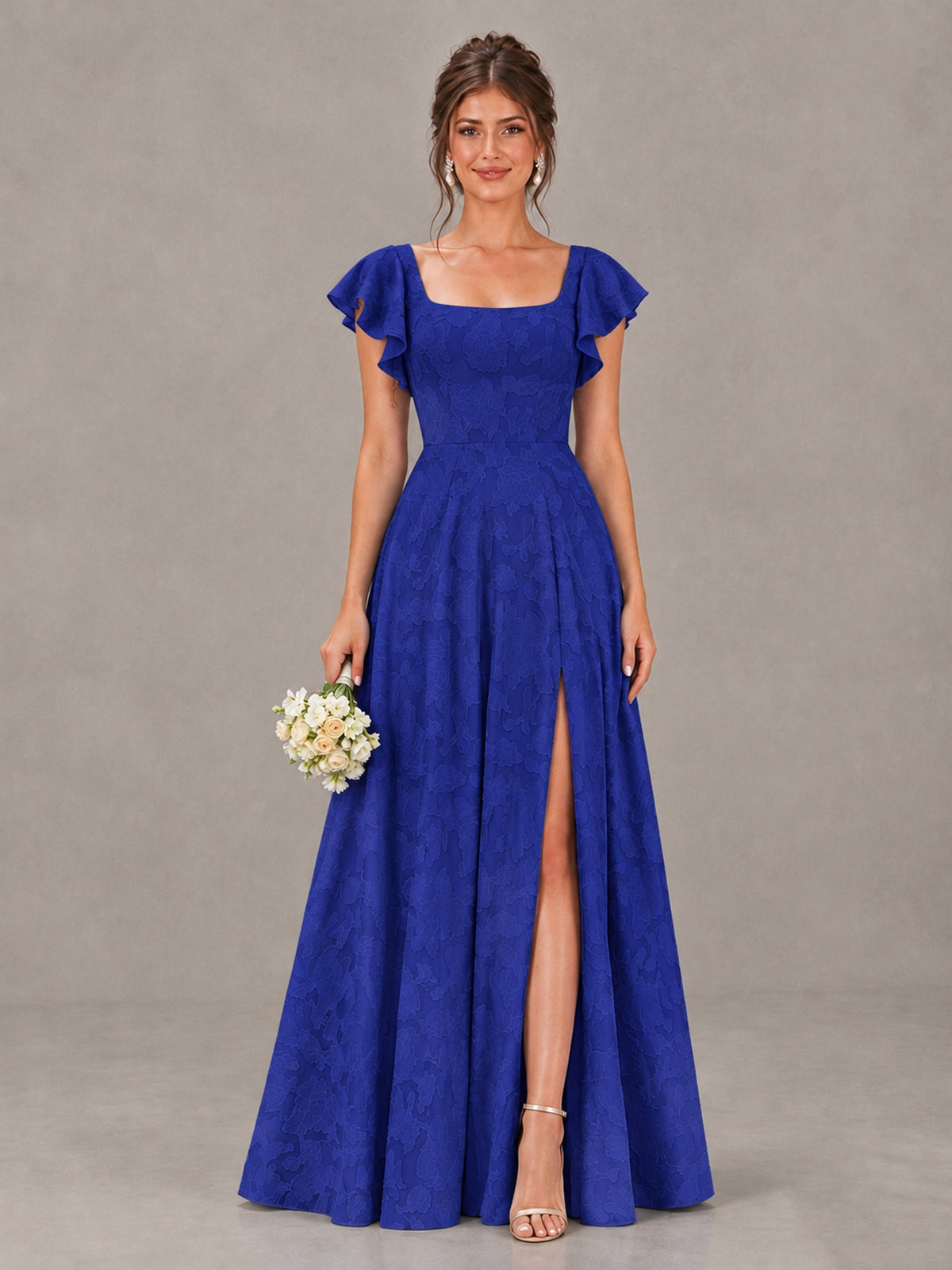 BOLODOO Royal Blue Floral Flutter Sleeve Bridesmaid Dress with Slit - Royal Blue - Royal Blue (1)