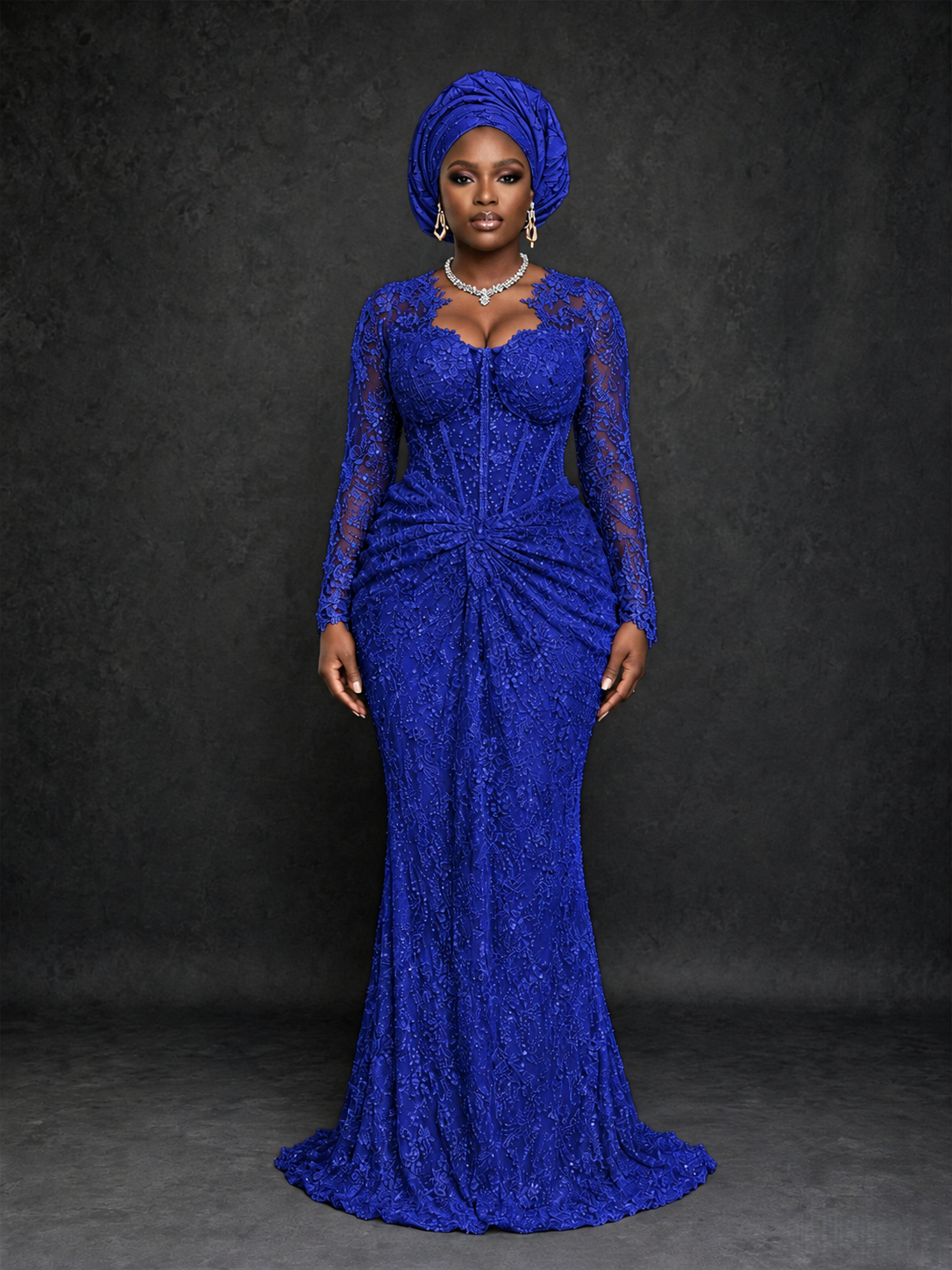 BOLODOO Royal Blue Beaded Lace Long Sleeve Mermaid Gown Sweetheart | Mother of the Bride - Royal Blue