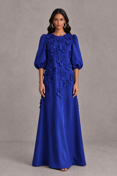 BOLODOO Royal Blue Floral Applique Puff Sleeve A-Line Evening Dress - Royal Blue - Royal Blue (1)