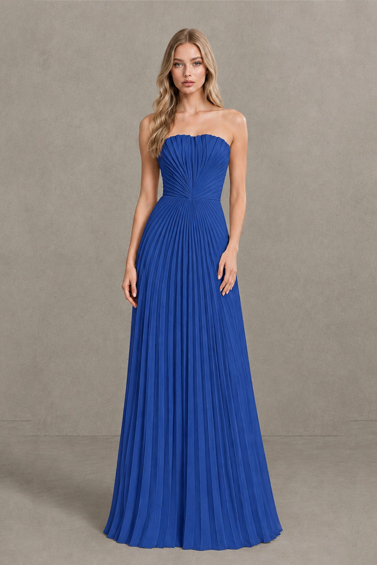 BOLODOO Royal Blue Strapless Sunburst Pleated Twisted Knot Lace-Up Back Accordion Pleated Chiffon Maxi Dress - Royal Blue