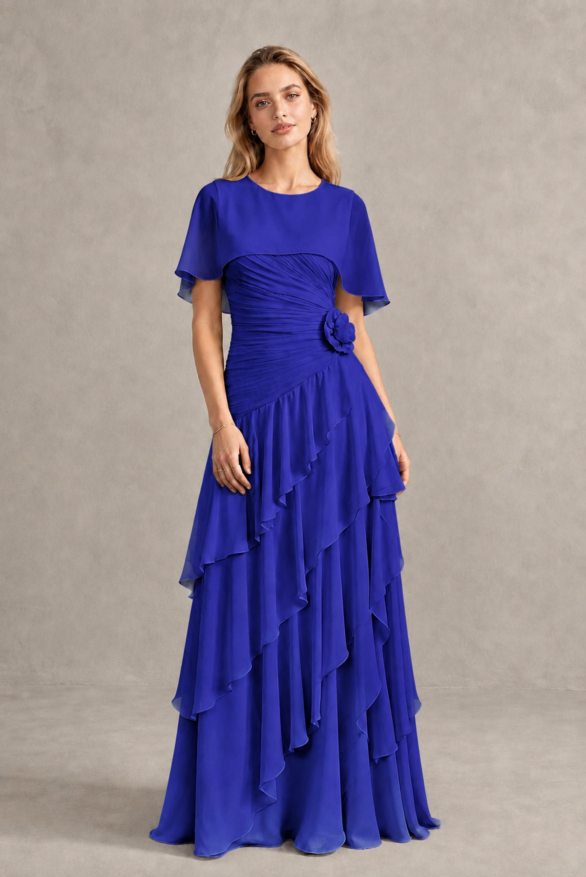BOLODOO Royal Blue Chiffon Flutter Sleeve Tiered Maxi Dress with 3D Rosette - Royal Blue