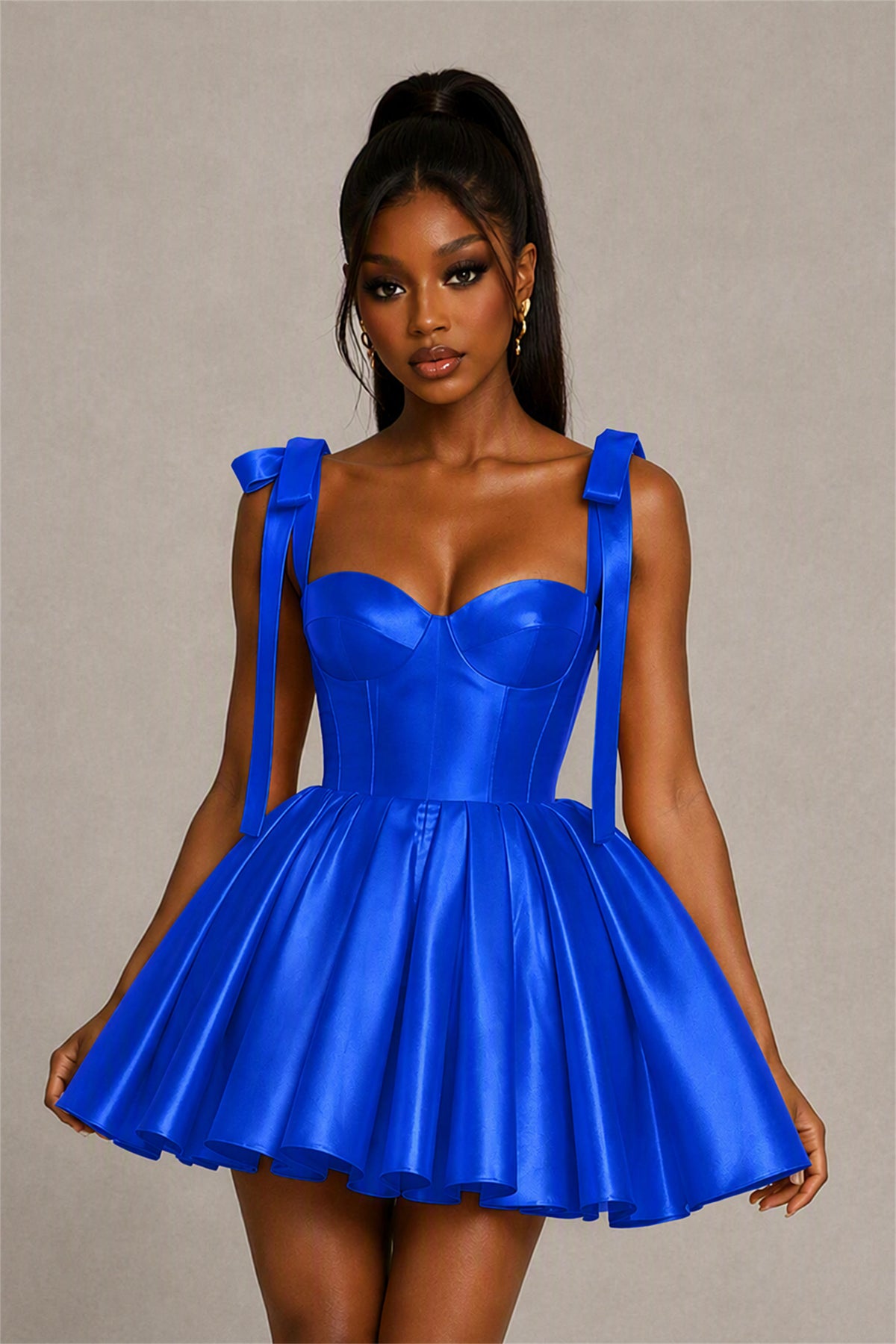 BOLODOO Royal Blue Satin Sweetheart Corset Bow Strap Lace-Up Open Back Full Skirt Mini Dress | Prom Cocktail Party Dress - Royal Blue