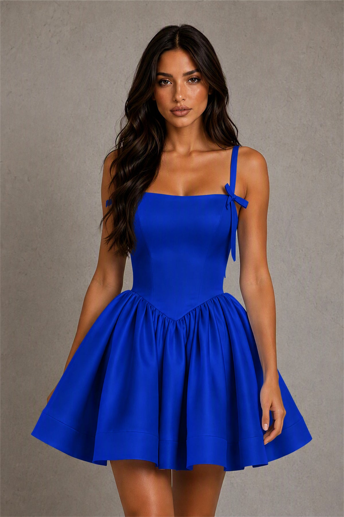 BOLODOO Baby Royal Blue Satin Square Neck Bow Strap Lace-Up Back Bubble Mini Dress | Cocktail Party Date Night Dress - Royal Blue
