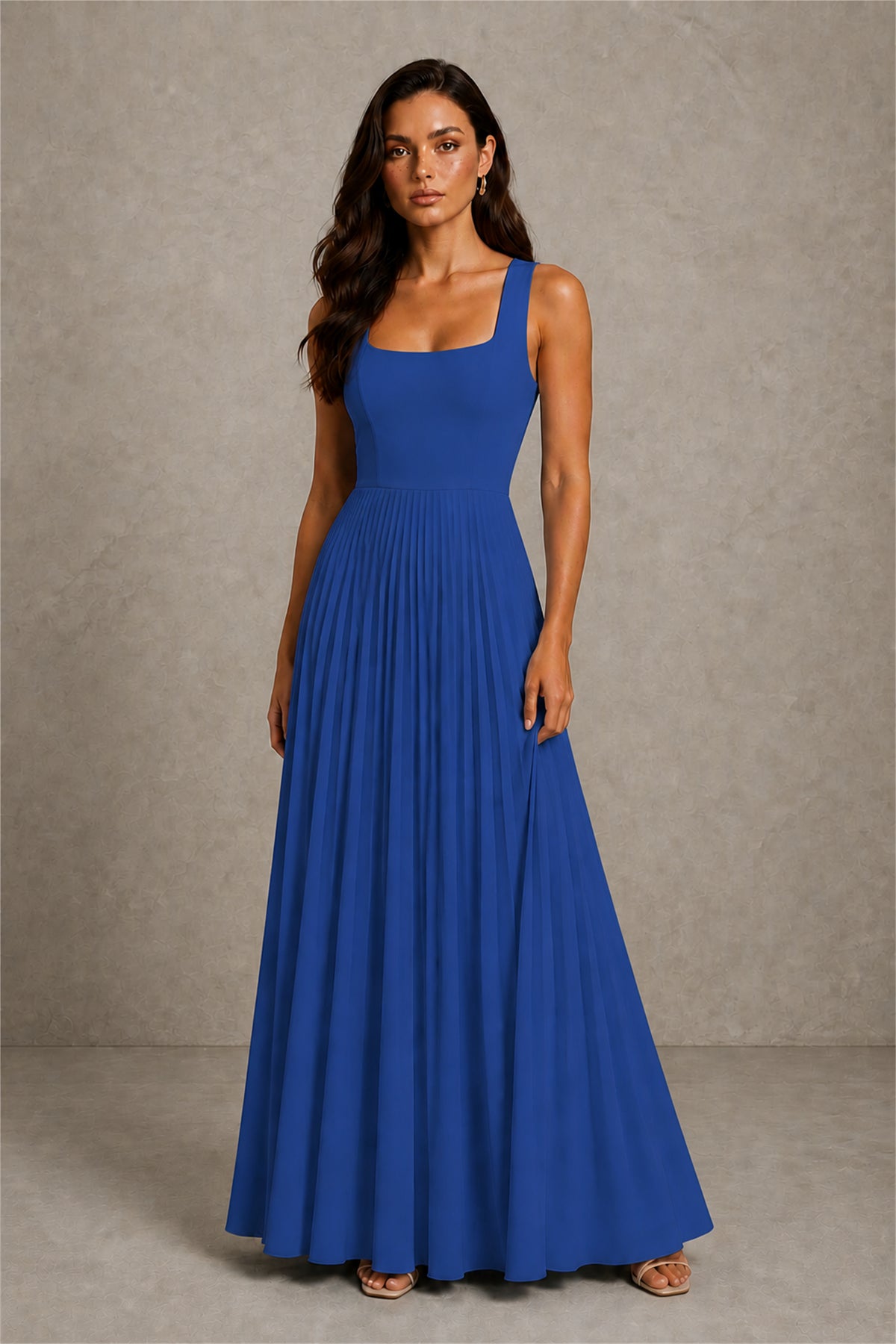 BOLODOO Royal Blue Square Neck Wide Strap Lace-Up Back Pleated A-Line Chiffon Maxi Dress - Royal Blue