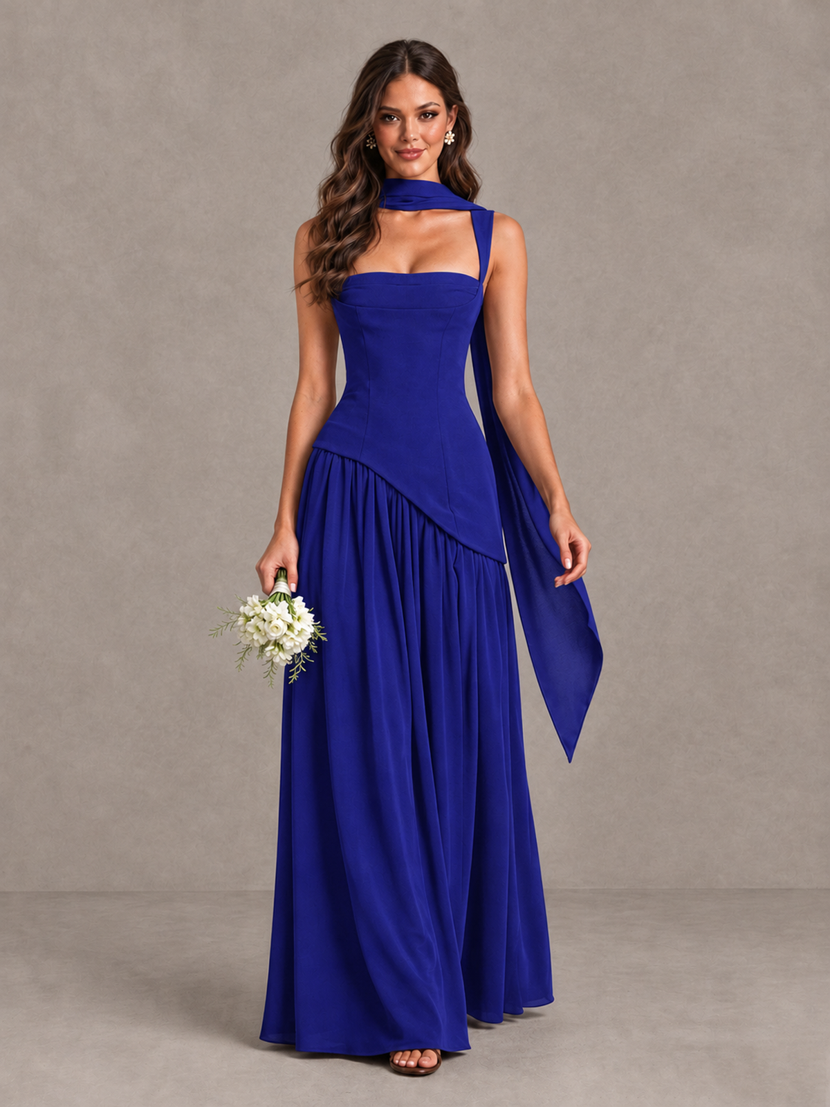 BOLODOO Royal Blue Brown Scarf Bridesmaid Dress with Lace-Up Back - Royal Blue - Royal Blue (1)