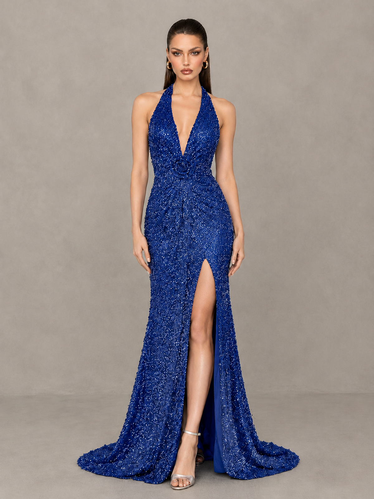 BOLODOO Royal Blue Sequin Halter Open Back Evening Gown with High Slit - Royal Blue - Royal Blue (1)