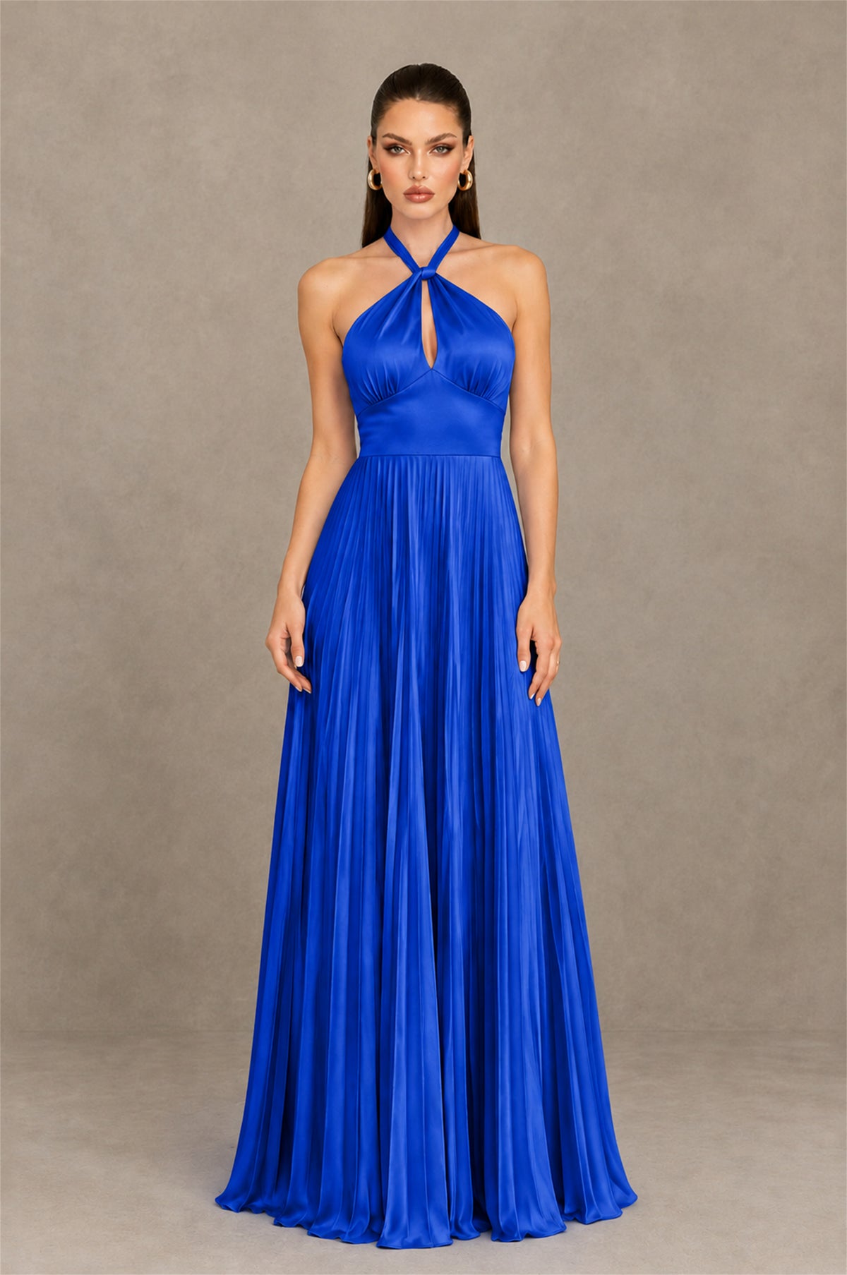 BOLODOO Royal Blue Halter Pleated A-Line Evening Dress - Royal Blue - Royal Blue (1)