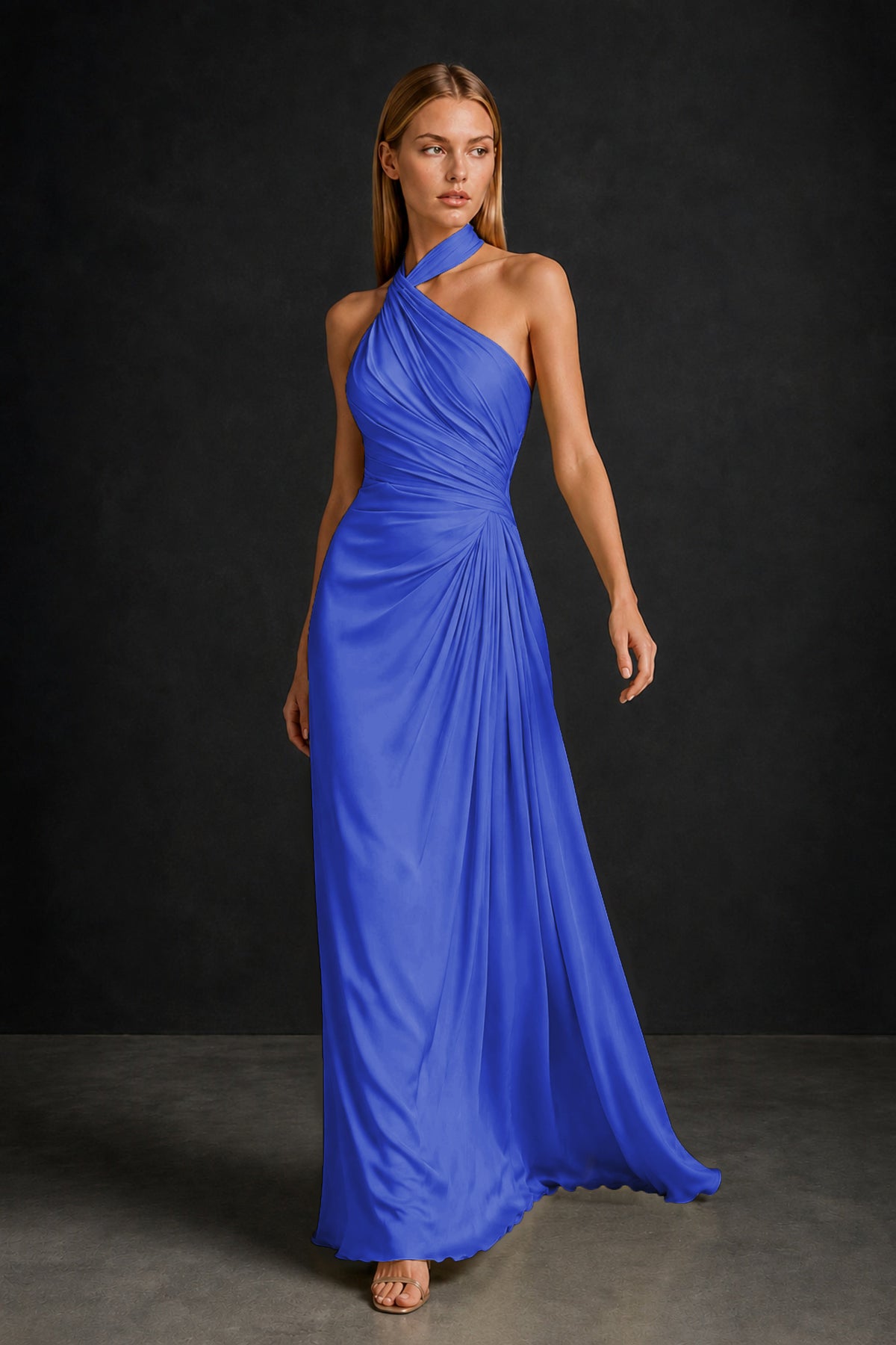 BOLODOO Royal Blue Twisted Halter Neck Ruched Sleeveless Open Back Floor-Length Gown - Royal Blue
