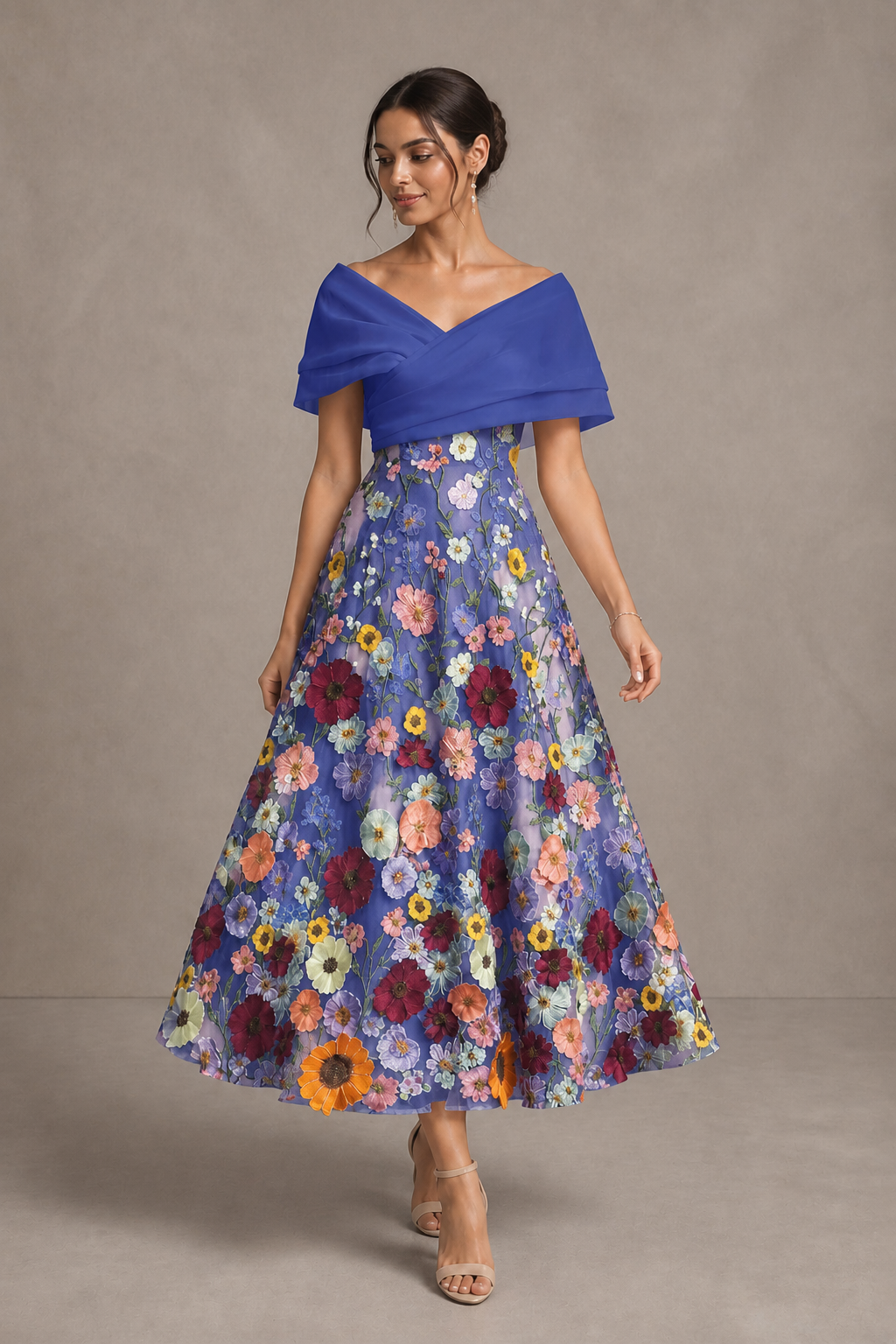 Royal Blue Off-Shoulder Satin & 3D Floral Embroidered Tulle Tea Length A-Line Dress - Royal Blue